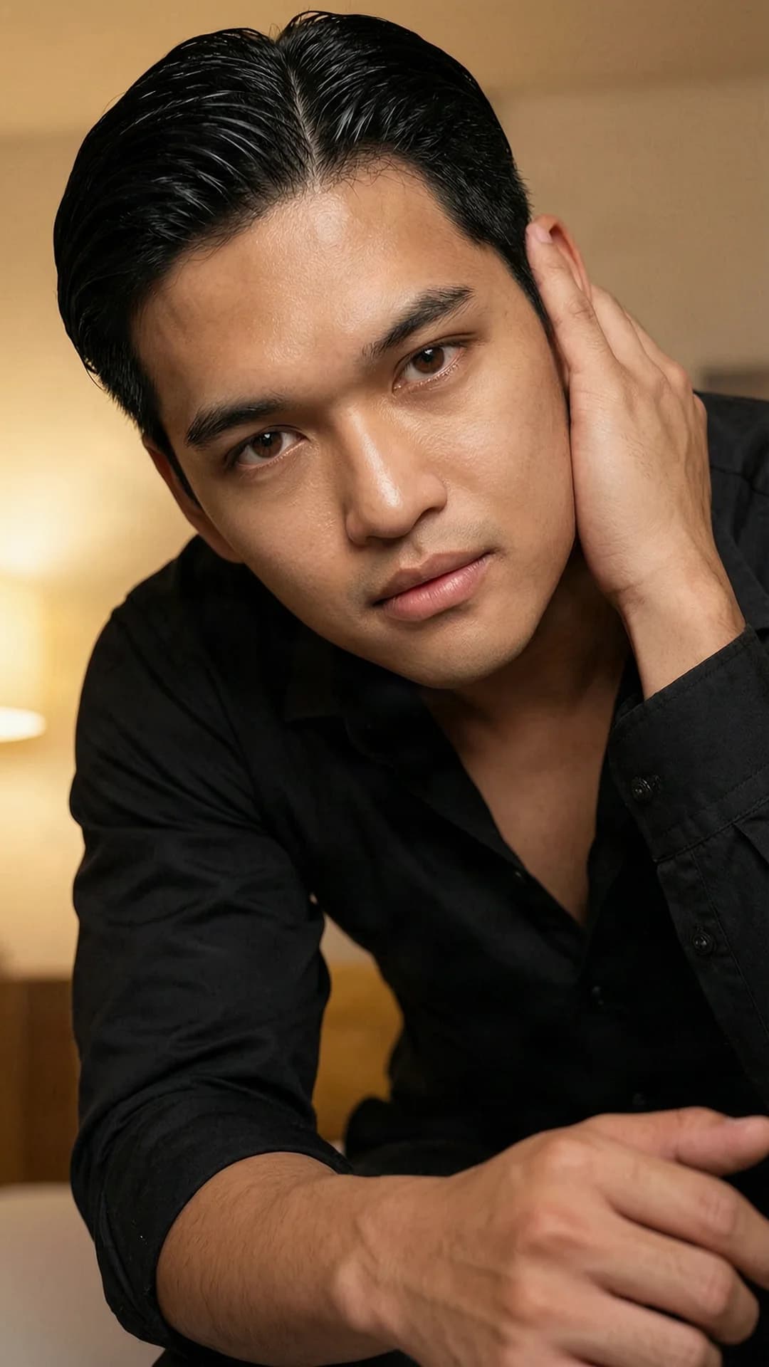 A 29-year-old Asian man with muscular build, black slicked-back hair, and brown eyes leans forward in a passionate kiss toward the viewer, strict first-person POV close-up capturing his face and upper torso, wearing a fitted black button-up shirt with sleeves rolled to the elbows, intense direct eye contact with burning desire and parted lips, soft warm indoor lighting highlighting skin sheen and muscle tension across his shoulders and neck, realistic style, body angled slightly forward with one hand gently cupping the viewer's implied face, Flawless anatomy, no extra digits, no extra limbs, realistic skin texture, high-detail.
