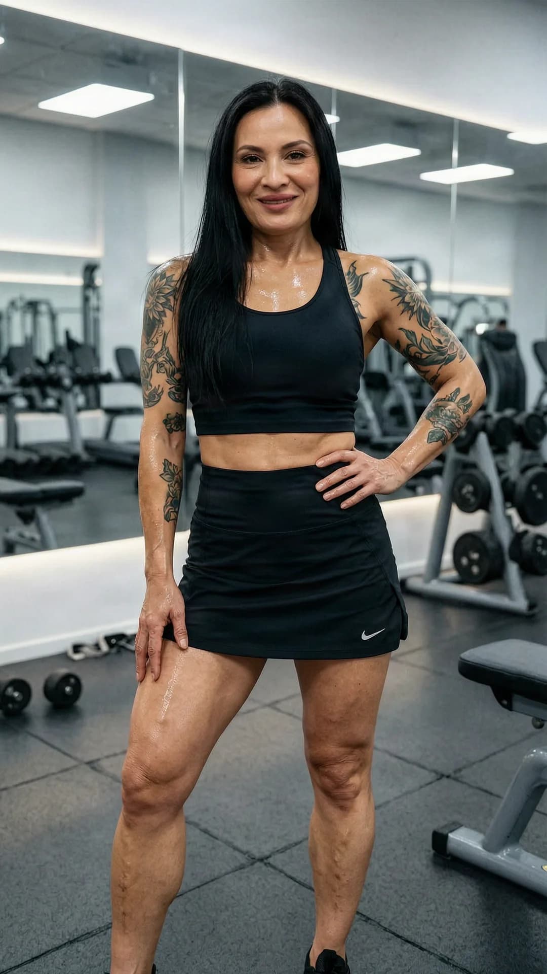 A 49-year-old Asian woman with a muscular body, straight black hair, brown eyes, and artistic tattoos, wearing a short black tennis skirt and a tight crop top shirt, standing confidently in a full body shot at a modern gym during an athletic workout, legs slightly apart in a strong stance with one hand on her hip, sweat glistening on her toned skin, direct eye contact with the viewer and a warm confident smile, lips parted slightly, full body frontal angle at eye level, bright gym lighting with mirrors in the background, realistic style, Flawless anatomy, no extra digits, no extra limbs, realistic skin texture, high-detail.