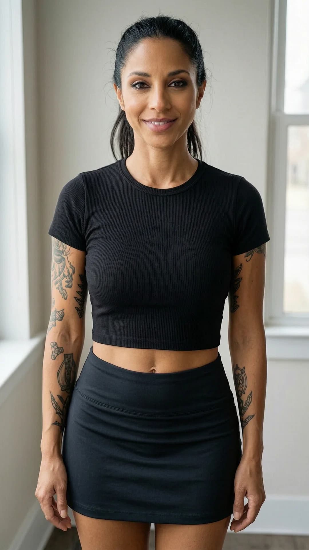 A 36-year-old Latina woman with black hair in a ponytail, brown eyes, average build and visible tattoos, wearing a short black tennis skirt and a fitted crop top shirt, captured in a close-up front-facing portrait from eye-level camera angle, standing with relaxed posture and shoulders slightly angled toward the viewer, direct eye contact with a warm genuine smile and soft parted lips, soft natural window lighting illuminating her face and skin, realistic style, Flawless anatomy, no extra digits, no extra limbs, realistic skin texture, high-detail.
