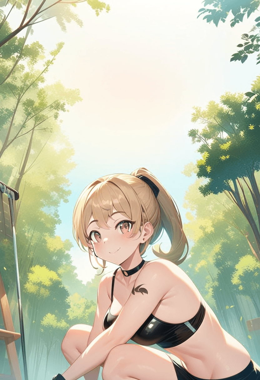 28-year-old caucasian woman, muscular body type, medium breasts, large butt, realistic style, freckles, tattoos, pubic hair, wearing short black tennis skirt and crop top shirt, stylish scarf, athletic pose, squatting position, looking at the viewer with a smile, working out at the modern fitness gym, full-body portrait, detailed face, high resolution, cyberrealistic, wearing a sleek latex skirt, squatting position, athletic pose, working out at the gym, athletic activity, wearing a fashionable choker, in a lush green forest