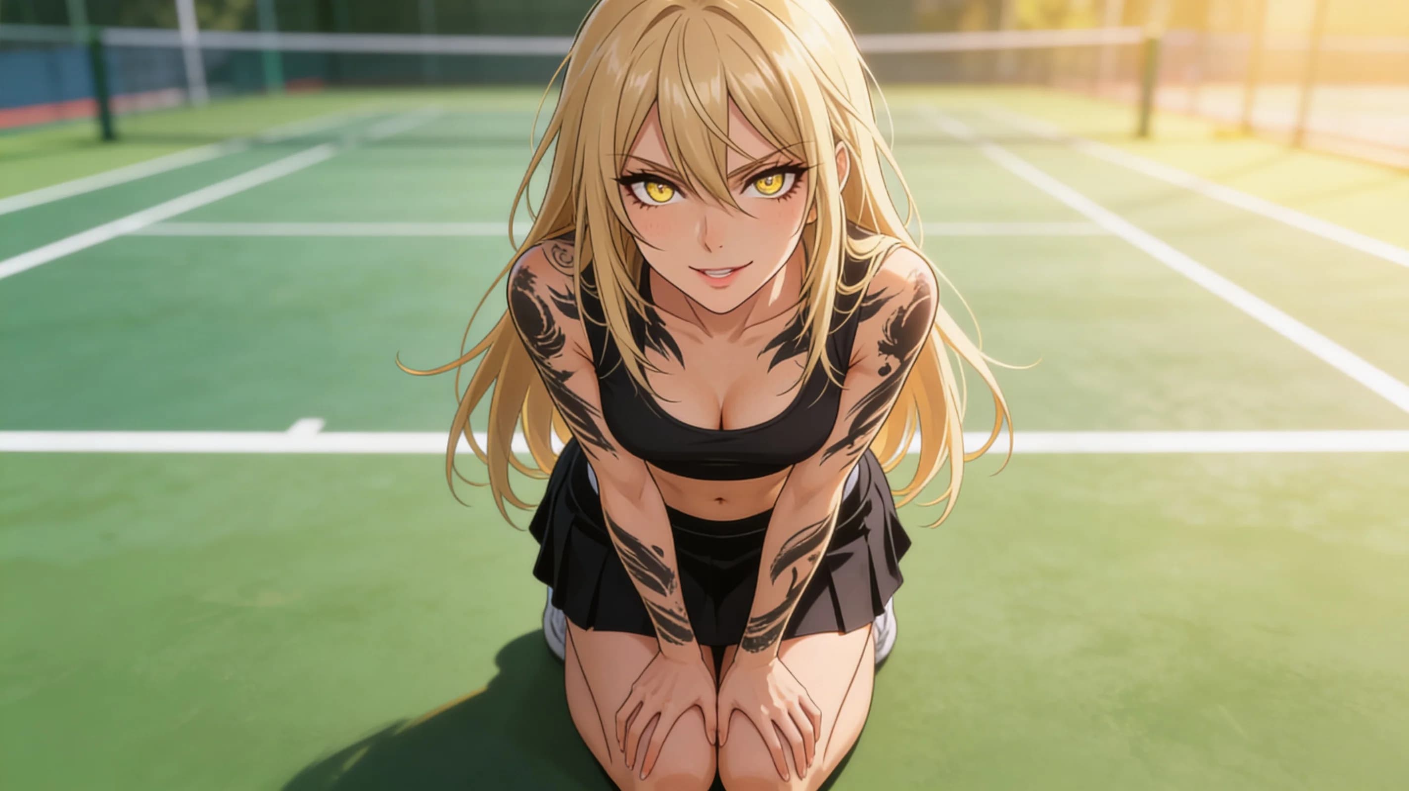 22-year-old skinny Asian woman with long blonde hair and distinctive tattoos, wearing a short black tennis skirt that hugs her hips and a tight crop top shirt revealing her midriff, in an elegant kneeling pose with knees together and hands resting gracefully on her thighs, portrait shot from a low front angle looking up to emphasize her poised elegance, intense eye contact straight at the viewer with a warm inviting smile and parted lips, soft natural sunlight filtering through a serene outdoor tennis court setting with blurred green courts and white lines in the background, vibrant atmospheric lighting casting gentle highlights on her smooth skin with subtle blush marks on cheeks, natural clothing folds on the skirt and top, body physics showing perky breast contour under the crop top and lithe skinny limbs in relaxed tension, anime style, high-quality illustration, Flawless anatomy, no extra digits, no extra limbs, detailed anime shading, high-quality illustration.