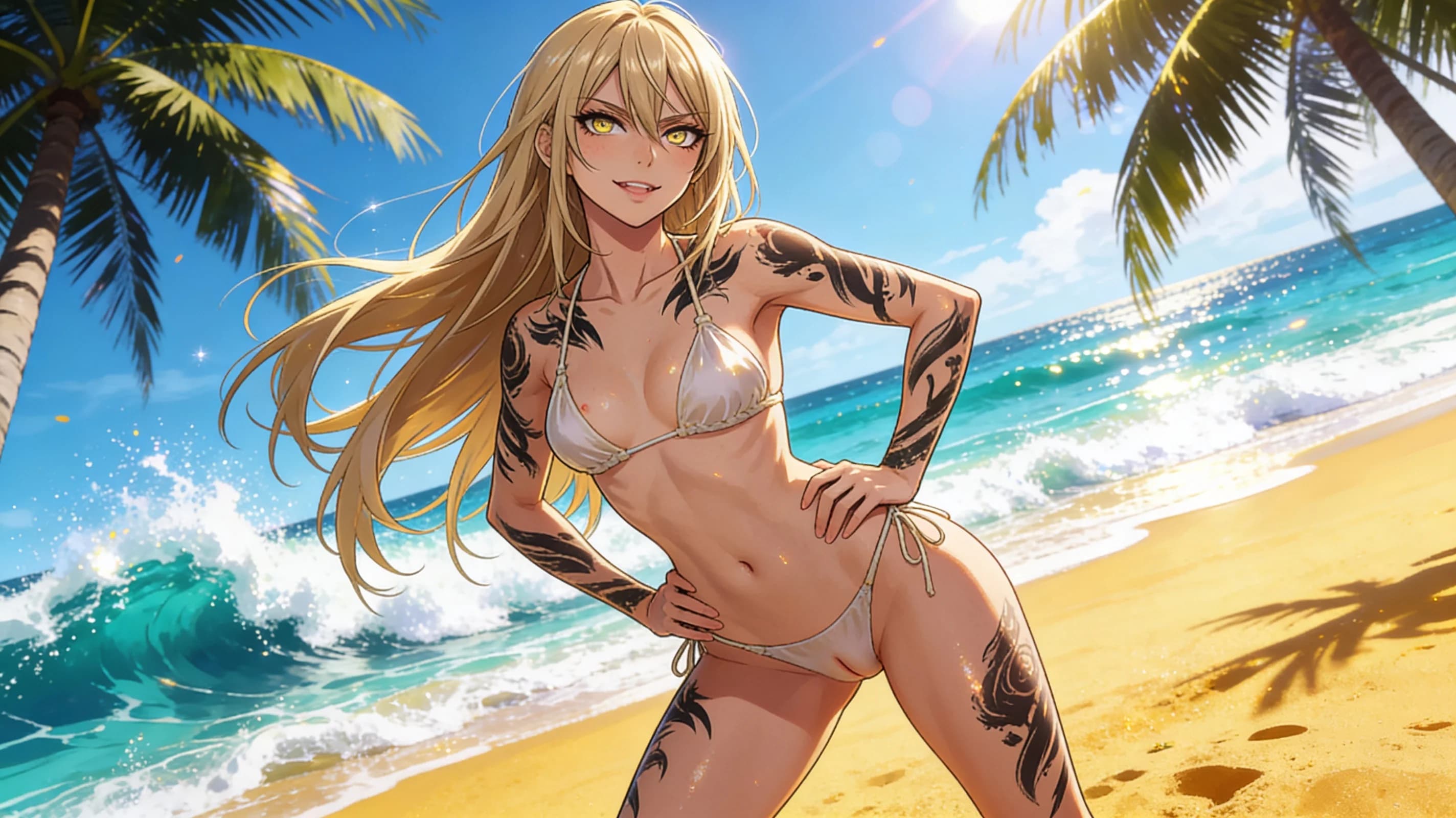 22-year-old skinny Asian woman with long blonde hair and intricate tattoos on her arms and thighs, wearing a stylish skimpy bikini that hugs her slender curves with natural fabric folds and slight sheen from ocean spray, standing confidently on a sunny tropical beach with golden sand, turquoise waves crashing behind her, palm trees swaying in the breeze, vibrant atmospheric lighting from a high midday sun casting dynamic shadows and sparkling highlights on her skin, medium close-up from a low front angle looking slightly upward to emphasize her lithe body physics with perky small breasts subtly outlined under the bikini top, smooth taut skin with a light sun-kissed sheen and faint blush marks on cheeks, relaxed yet alluring pose with one hip cocked, hands on hips, long legs positioned dynamically in the sand, intense direct eye contact with playful seductive lust and lips parted in a coy smile, anime style, high-quality illustration, flawless anatomy, no extra digits, no extra limbs, detailed anime shading, high-quality illustration.