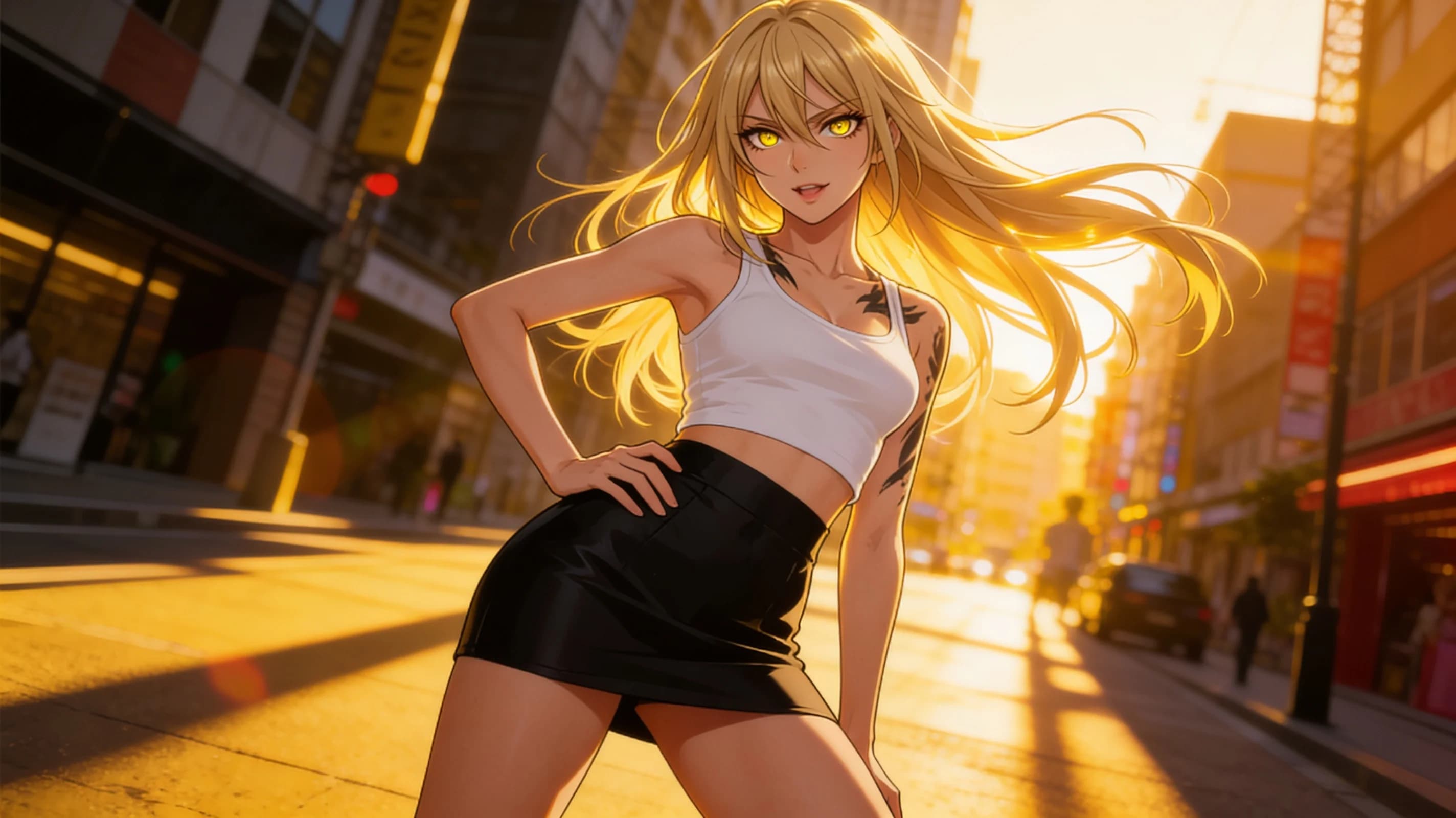 22-year-old skinny Asian woman with long blonde hair and striking yellow eyes, special features with no tattoos visible on her smooth flawless skin, standing confidently in a vibrant urban street setting at golden hour with warm sunlight casting dramatic shadows and lens flares, wearing a fashionable tight black mini skirt that hugs her slim hips with natural fabric folds and a cropped white tank top clinging to her petite frame accentuating subtle breast curve under soft body physics with light skin sheen and faint blush marks on cheeks, dynamic pose with one hand on hip and legs slightly apart showcasing toned thighs, medium close-up from low front angle for empowering upward perspective, intense direct eye contact with playful seductive gaze and lips slightly parted in a coy smile, anime style high-quality illustration, vibrant atmospheric lighting with glowing highlights on hair and skin, detailed fabric textures and wind-swept hair flow, confident and alluring mood, flawless anatomy no extra digits no extra limbs detailed anime shading high-quality illustration.