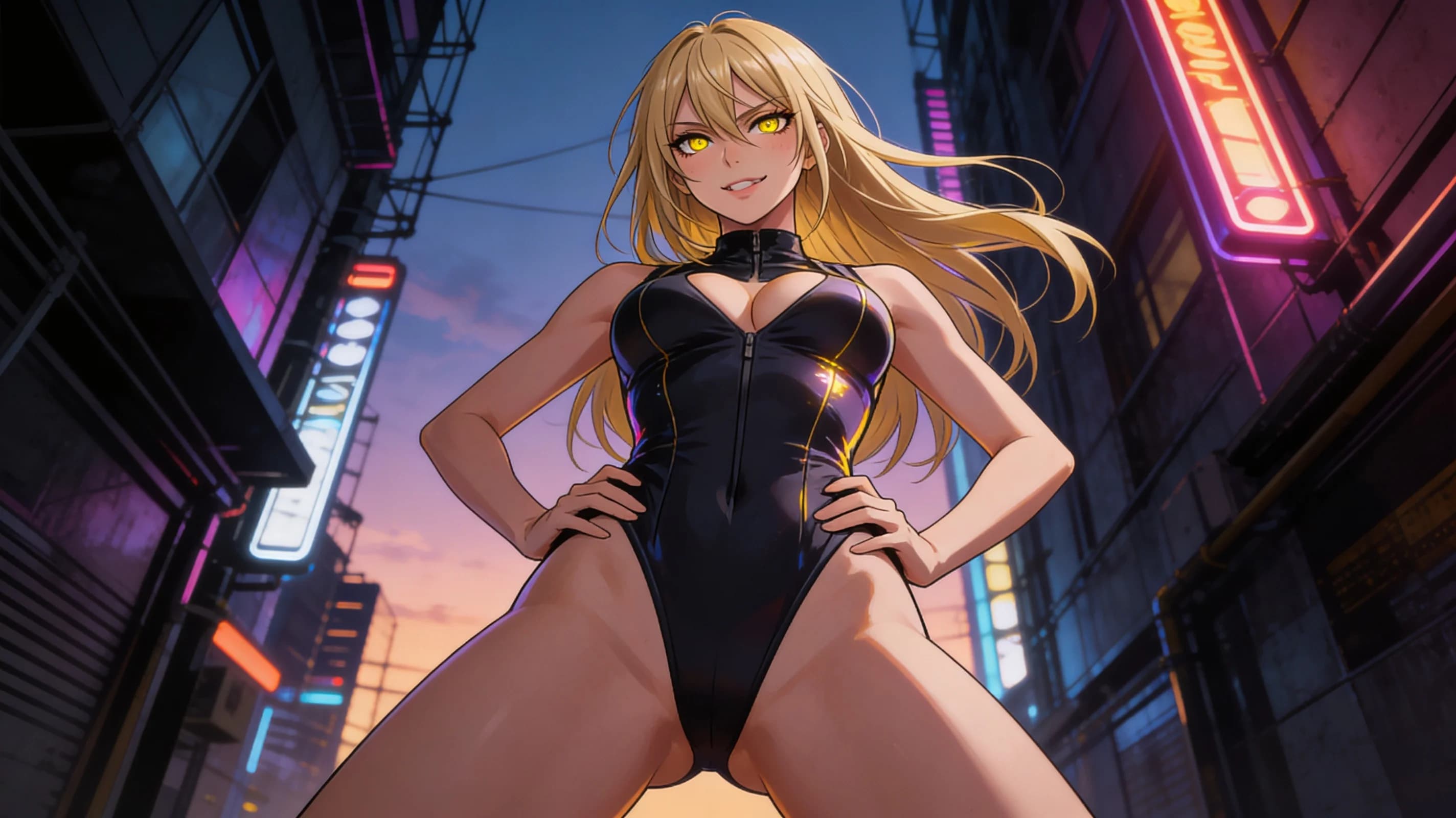 22-year-old Asian woman with skinny body type, long blonde hair, yellow eyes, no tattoos, wearing a stylish fitted jumpsuit that hugs her slender curves with natural fabric folds and sheen, standing confidently in a futuristic urban alleyway at dusk with neon lights casting vibrant atmospheric glows and subtle reflections on her outfit, dynamic medium close-up from low front angle with strict eye-level POV emphasizing her poised stance and arched back, legs slightly apart in a teasing power pose with hands on hips, intense direct eye contact with playful seductive confidence and lips parted in a coy smile, soft volumetric lighting highlighting her smooth skin with subtle blush marks on cheeks, natural body physics with perky breasts subtly outlined under the jumpsuit's taut fabric, elegant hair flow in gentle breeze, anime style, high-quality illustration, flawless anatomy, no extra digits, no extra limbs, detailed anime shading, high-quality illustration.