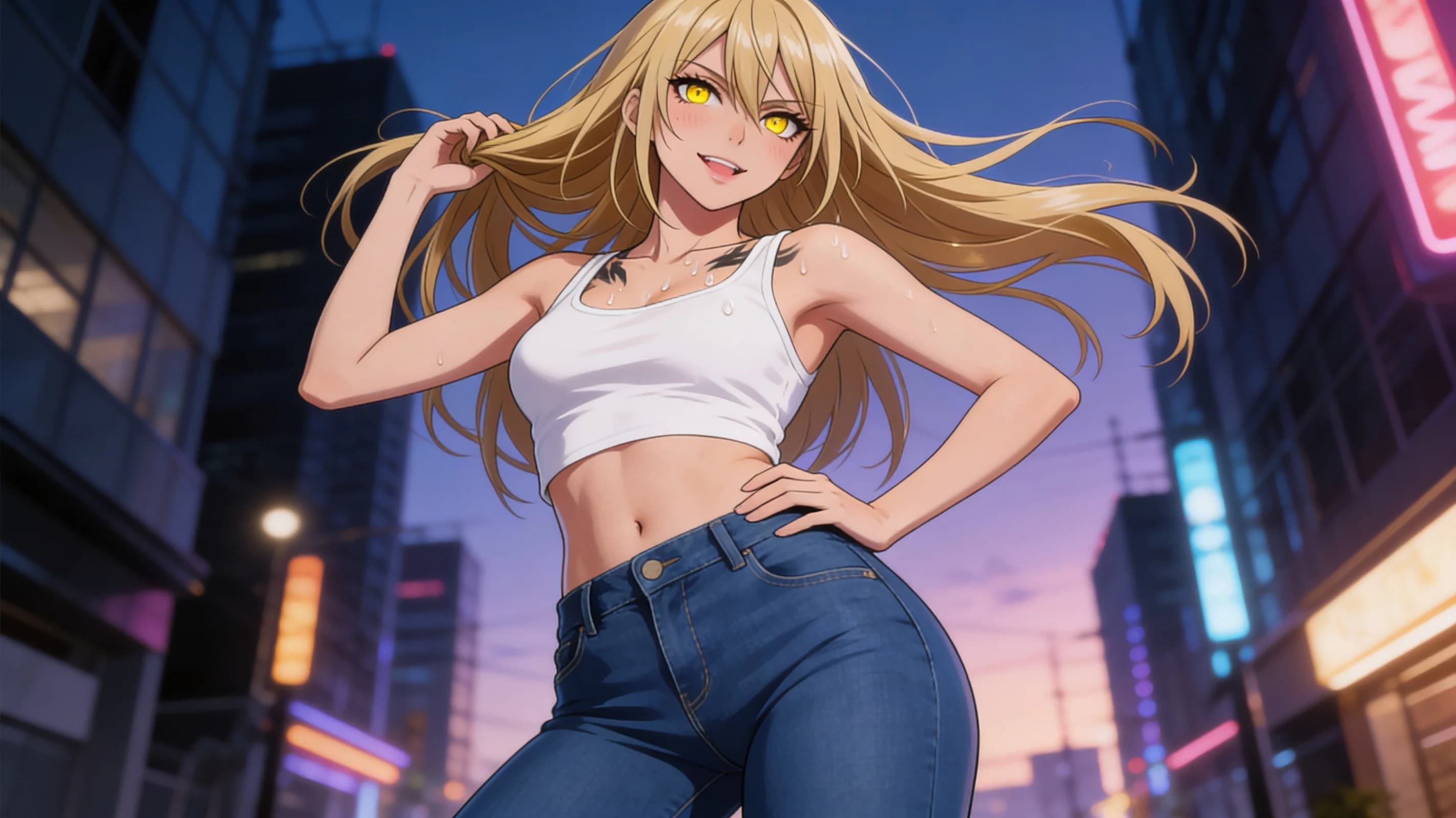 22-year-old skinny Asian woman with long blonde hair and striking yellow eyes, no tattoos visible on her smooth skin, standing confidently in a modern urban street at dusk with soft neon lights casting vibrant atmospheric glows on her figure, wearing tight fitted blue jeans that hug her slender legs and hips with natural fabric folds and subtle sheen, paired with a cropped white tank top clinging to her petite frame accentuating her perky small breasts with realistic body physics and gentle bounce, dynamic pose with one hand on hip and the other brushing her flowing long blonde hair back, medium close-up from low front angle emphasizing her lithe body positioning and subtle skin sheen from evening humidity, intense upward eye contact with playful seductive lust and lips parted in a coy smile, blush marks on cheeks, sweat drops on collarbone for a sultry mood, anime style, high-quality illustration, Flawless anatomy, no extra digits, no extra limbs, detailed anime shading, high-quality illustration.