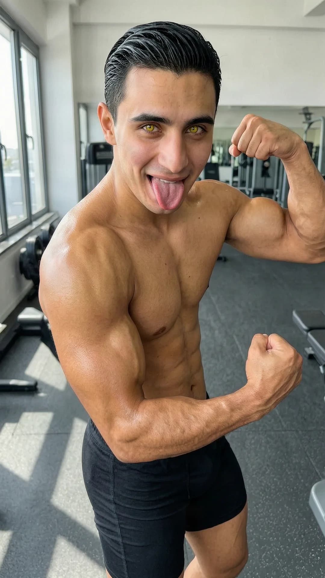 A 26-year-old Arabic man with black slicked-back hair, yellow eyes, and a powerfully muscular build stands shirtless in a sunlit modern gym, wearing only tight black athletic shorts that hug his thick thighs, flexing both biceps in a double bicep pose with veins bulging and muscles tensed under glistening skin, his torso twisted slightly toward the viewer to showcase his broad chest and abs, making a silly happy face with wide grin, tongue playfully sticking out, and cheeks puffed, captured in a medium close-up from a strict first-person POV at eye level, maintaining direct playful eye contact with joyful mischief and sparkling yellow eyes, bright natural lighting casting soft highlights on his oiled skin and sweat sheen, realistic style, Flawless anatomy, no extra digits, no extra limbs, realistic skin texture, high-detail.