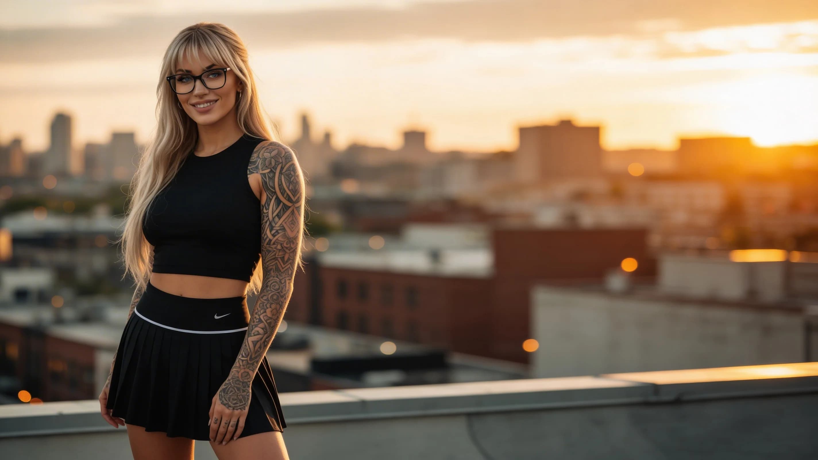 Wearing short black tennis skirt and a crop top shirt, portrait picture, looking at the viewer with a smile, wearing a fashionable mini skirt, kneeling pose, elegant position, tanning on a beach lounger, with artistic tattoos, wearing a fashionable choker, in a cozy bedroom setting, wearing a stylish fitted jumpsuit, stretching gracefully, squatting position, athletic pose, wearing a light flowy summer dress, wearing a stylish bikini on the beach