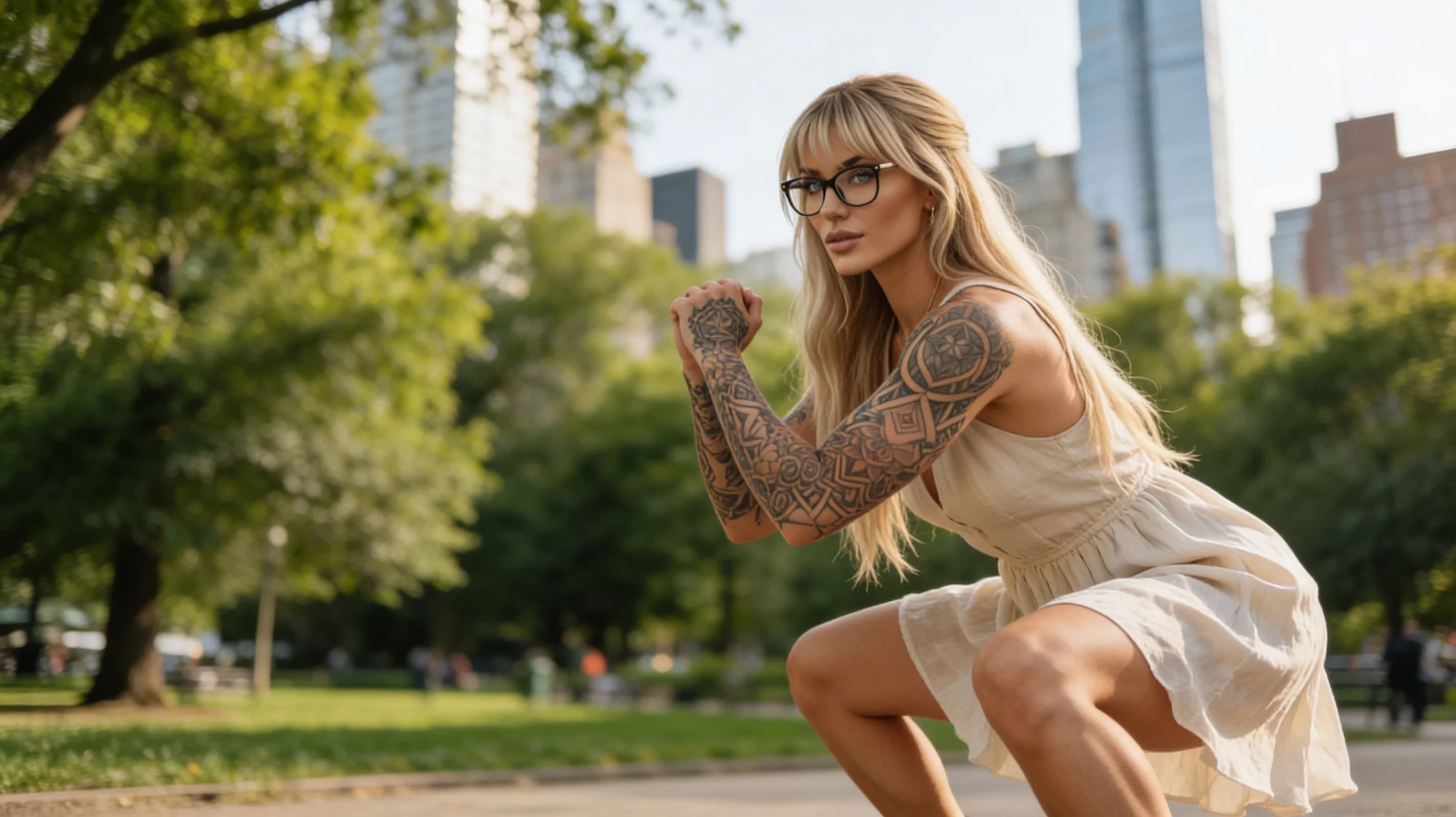 Wearing short black tennis skirt and a crop top shirt, portrait picture, looking at the viewer with a smile, wearing a fashionable mini skirt, kneeling pose, elegant position, tanning on a beach lounger, with artistic tattoos, wearing a fashionable choker, in a cozy bedroom setting, wearing a stylish fitted jumpsuit, stretching gracefully, squatting position, athletic pose, wearing a light flowy summer dress, wearing a stylish bikini on the beach