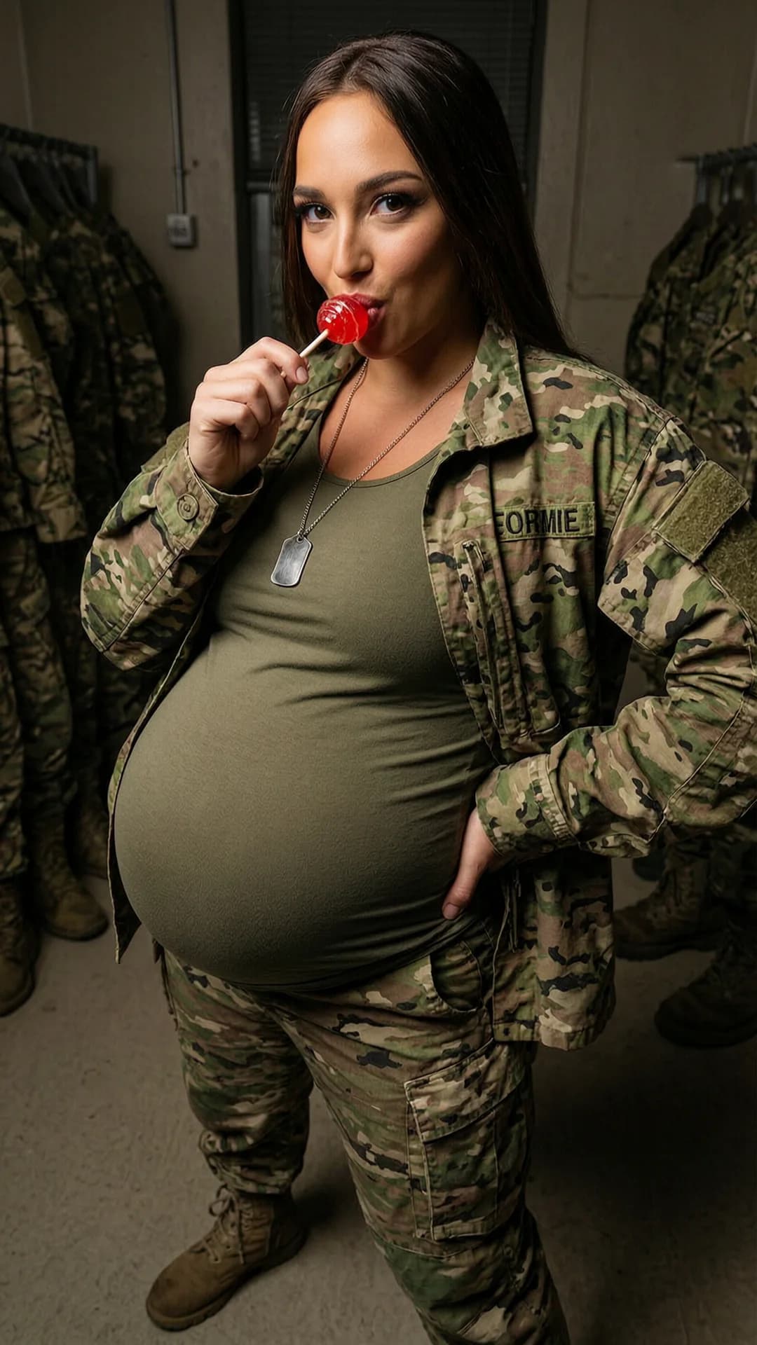 A 21-year-old Caucasian woman with muscular build, straight brunette hair, and brown eyes, heavily 9 months pregnant with a massive round belly straining against her open camouflage military jacket and tight olive tank top, wearing full soldier fatigues with dog tags and combat boots, standing in a dimly lit barracks setting, sucking sensually on a red lollipop with lips wrapped tightly around it and cheeks slightly hollowed, one hand gripping the stick while the other rests on her hip, body angled three-quarters toward viewer with prominent pregnant belly thrust forward, medium close-up from a low frontal angle, direct intense eye contact with the viewer conveying confident dominance and playful lust, lips parted around the candy, dramatic side lighting casting strong shadows across her toned arms and swollen abdomen, realistic style, Flawless anatomy, no extra digits, no extra limbs, realistic skin texture, high-detail.