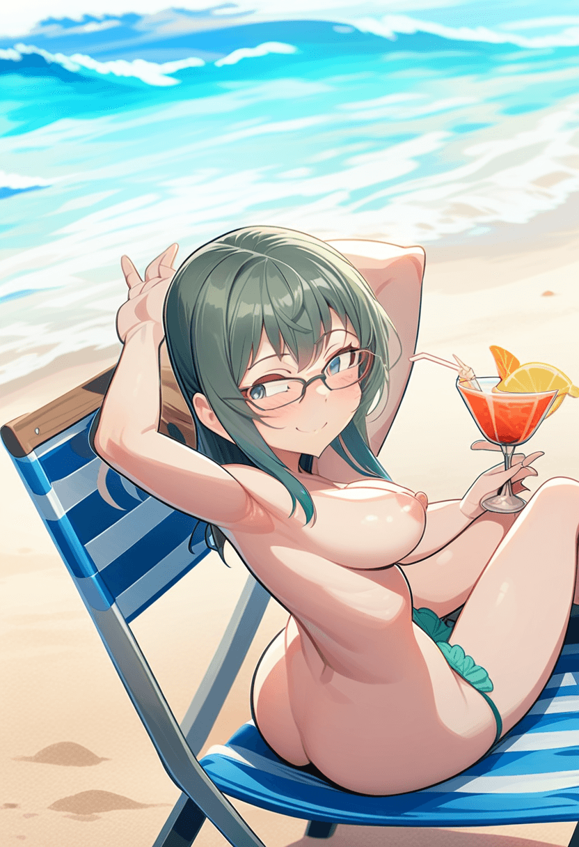 1girl, solo, 18-year-old asian woman, skinny body, medium breasts, small butt, freckles, glasses, sitting on a lawn chair on a beach, wearing only green thong, breasts exposed, perky breasts, erect nipples, smiling, closed eyes, sipping a cocktail, nsfw, detailed anatomy, anime style, animagine xl, full body, highres, vibrant colors, beach background, ocean waves, sunny day