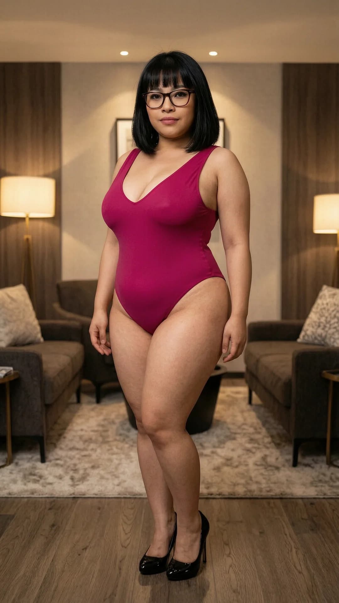35-year-old chubby Asian woman with soft plump curves, large heavy breasts, wide hips and thick thighs, black hair with straight bangs framing her face, brown eyes behind stylish glasses, wearing a tight rose-red one-piece bodysuit featuring a deep plunging V-neckline that barely contains her cleavage, cutout panels at the waist exposing skin, high-cut leg openings hugging her round buttocks, paired with glossy black high heels, standing in a seductive three-quarter pose with weight shifted to one leg, chest thrust forward and hips tilted, captured in a medium close-up frontal angle with intense direct eye contact and seductive mature lust, lips parted, soft warm cinematic lighting highlighting skin sheen and fabric texture on her body, elegant modern interior background, flawless anatomy, no extra digits, no extra limbs, realistic skin texture, high-detail.