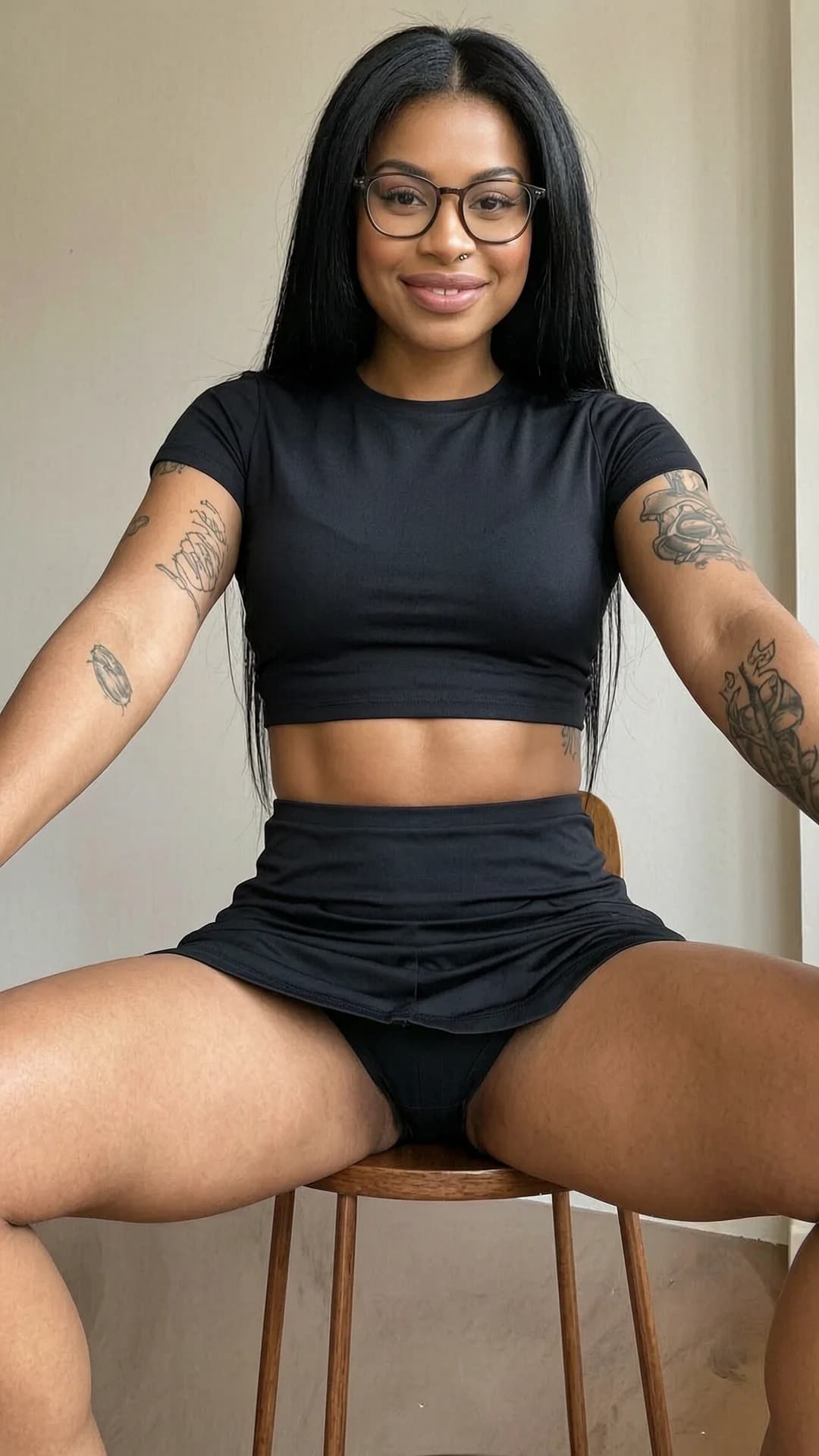 A 30-year-old black woman with fit toned body, straight black hair, brown eyes, wearing glasses, visible tattoos and nipple piercings, dressed in a short black tennis skirt and tight crop top shirt that accentuates her figure, sitting casually in a relaxed pose on a simple chair with legs slightly apart and natural posture, close-up portrait from direct front eye-level angle, direct eye contact with the viewer and a warm genuine smile, soft natural lighting highlighting smooth skin texture and subtle sheen, casual indoor setting with neutral background, realistic style, Flawless anatomy, no extra digits, no extra limbs, realistic skin texture, high-detail.