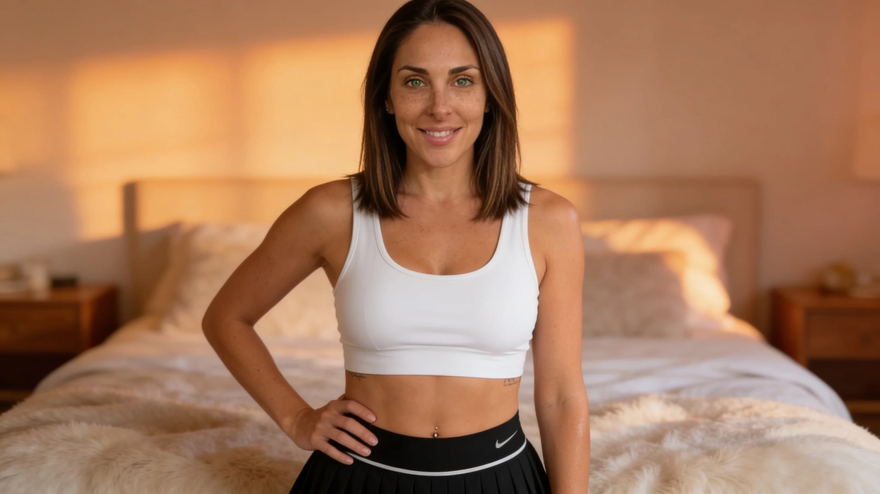 A 37-year-old Caucasian woman with a fit toned body, straight shoulder-length brunette hair, vibrant green eyes, scattered freckles across her cheeks and nose, a shiny belly button piercing, and visible intricate tattoos along her arms and hips, wearing a short black tennis skirt that sits high on her thighs and a tight white crop top shirt exposing her midriff, standing in a cozy bedroom with soft warm ambient lighting, plush bedding and wooden nightstands in the soft-focus background, captured in a front-facing medium close-up portrait from eye level with a gentle genuine smile and direct warm eye contact toward the viewer, relaxed confident pose with one hand lightly resting on her hip, natural skin sheen and subtle muscle definition visible, cinematic soft focus and inviting mood, Flawless anatomy, no extra digits, no extra limbs, realistic skin texture, high-detail.