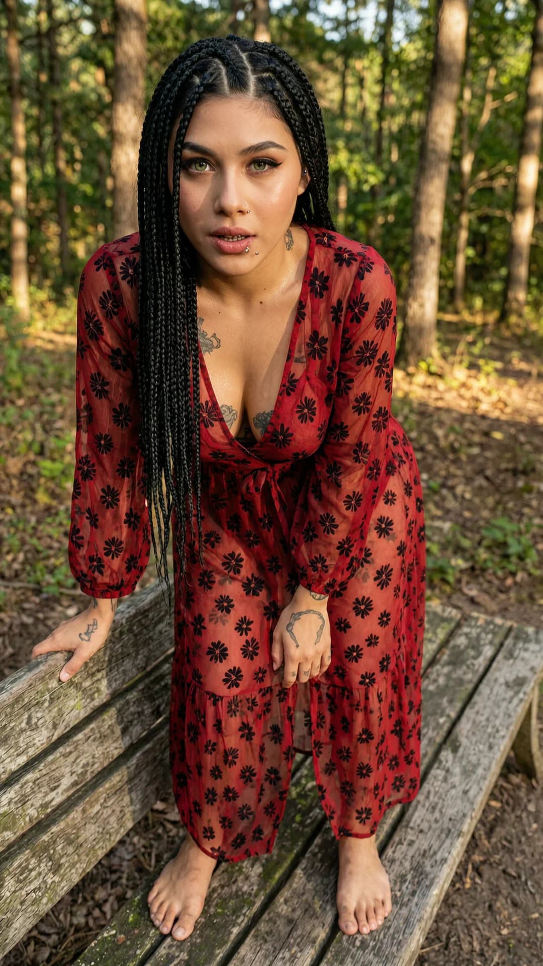 A 22-year-old Latina woman with a skinny body type, long black braids, piercing green eyes, visible tattoos across her skin and silver nipple piercings, standing barefoot against a wooden bench in a secluded wooded park trail at golden hour, wearing only a sheer long red Boho summer dress with black flower print that clings transparently to her small perky breasts and reveals the outline of her hard pierced nipples and bare shaved pussy beneath the fabric with no underwear, legs slightly parted and hips tilted forward, body leaning back against the bench with hands gripping the edge, skin glistening with a light sheen of sweat, intense direct eye contact with seductive lust and lips parted, medium close-up from a low front angle capturing the full sheer dress transparency and natural body tension, soft dappled sunlight filtering through trees, realistic style, explicit anatomical detail with visible nipple piercings pressing against sheer fabric and subtle genital outline, Flawless anatomy, no extra digits, no extra limbs, realistic skin texture, high-detail.