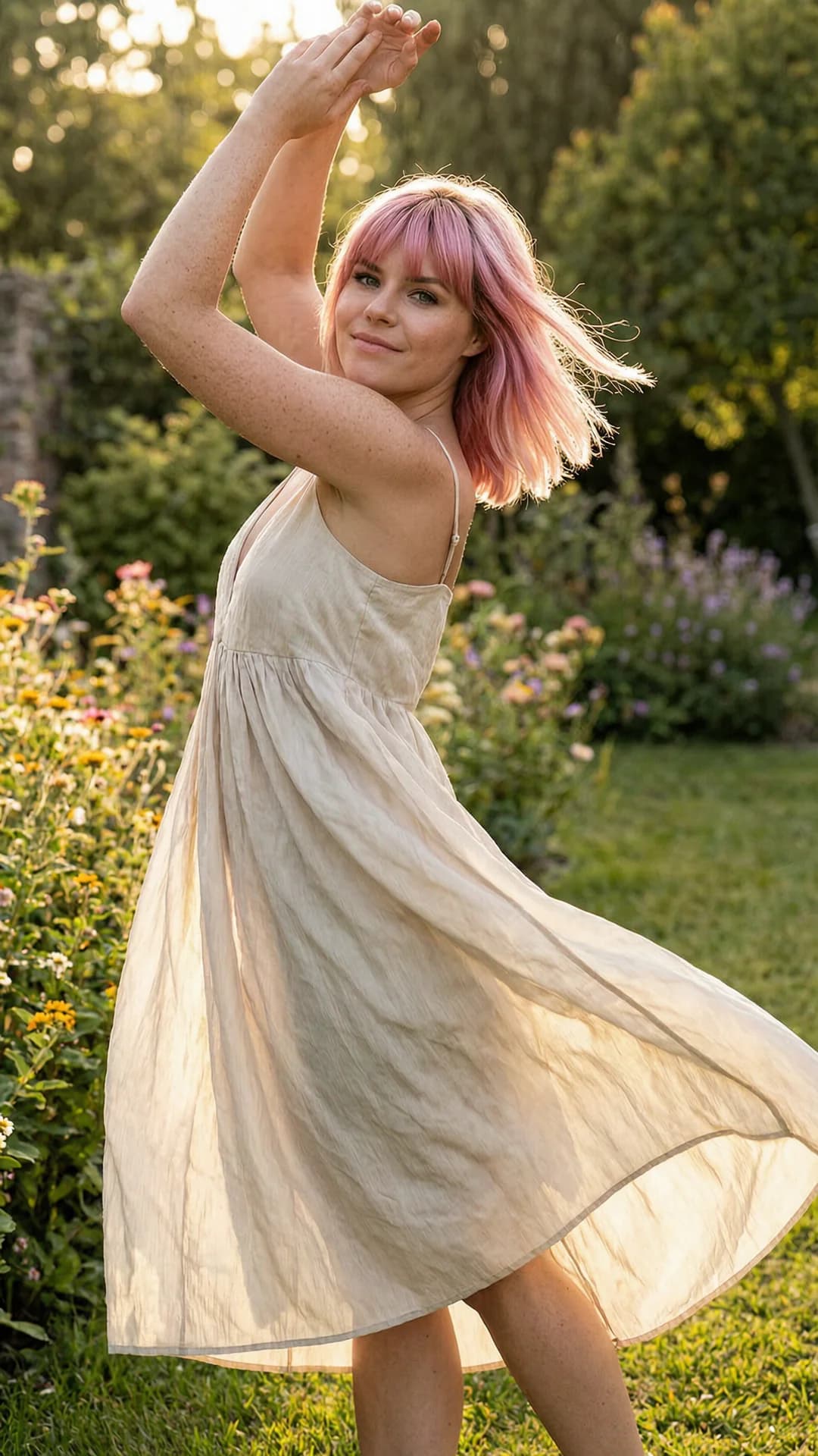22-year-old Caucasian woman with pink hair in bangs, green eyes, fit body and freckles, wearing a light flowy summer dress, stretching gracefully in a sunlit garden at golden hour, medium full-body shot from a low side angle capturing elegant back arch and raised arms, light fabric billowing softly around her toned legs and waist, soft natural lighting with gentle shadows accentuating her fit physique and skin sheen, serene peaceful mood, direct eye contact with the viewer showing graceful contentment and soft smile with lips gently parted, pink hair slightly tousled by breeze, Flawless anatomy, no extra digits, no extra limbs, realistic skin texture, high-detail.
