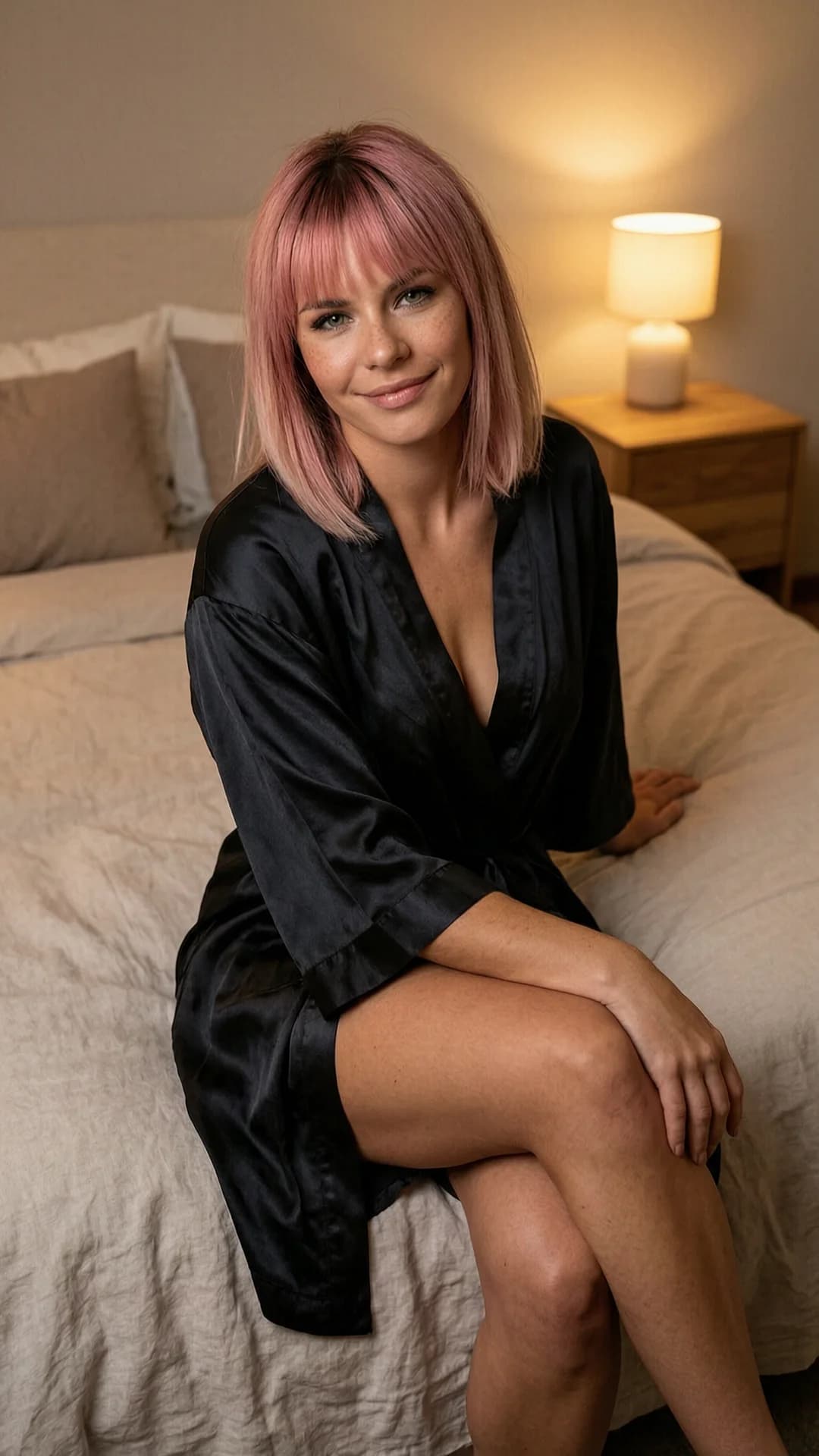 A 22-year-old Caucasian woman with pink hair featuring bangs, green eyes, fit athletic body, and freckles across her cheeks, wearing a luxurious satin robe loosely draped over her shoulders, sitting casually on the edge of a large bed in a cozy bedroom with warm ambient lighting, soft pillows and wooden nightstands in the background, relaxed pose with legs crossed and one hand resting on her thigh, medium close-up from a slight three-quarter angle looking slightly downward, direct eye contact with a relaxed content expression and soft smile, cinematic mood, subtle fabric sheen on the robe, natural skin texture, Flawless anatomy, no extra digits, no extra limbs, realistic skin texture, high-detail.