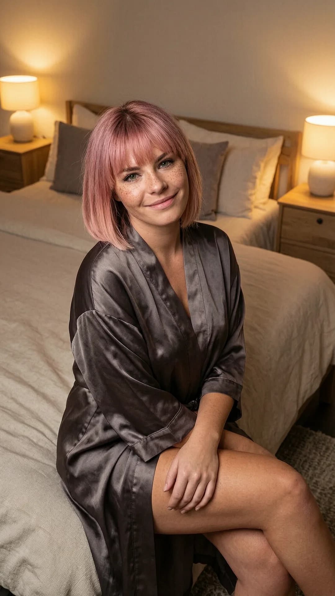 A 22-year-old Caucasian woman with pink hair featuring bangs, green eyes, fit athletic body, and freckles across her cheeks, wearing a luxurious satin robe loosely draped over her shoulders, sitting casually on the edge of a large bed in a cozy bedroom with warm ambient lighting, soft pillows and wooden nightstands in the background, relaxed pose with legs crossed and one hand resting on her thigh, medium close-up from a slight three-quarter angle looking slightly downward, direct eye contact with a relaxed content expression and soft smile, cinematic mood, subtle fabric sheen on the robe, natural skin texture, Flawless anatomy, no extra digits, no extra limbs, realistic skin texture, high-detail.