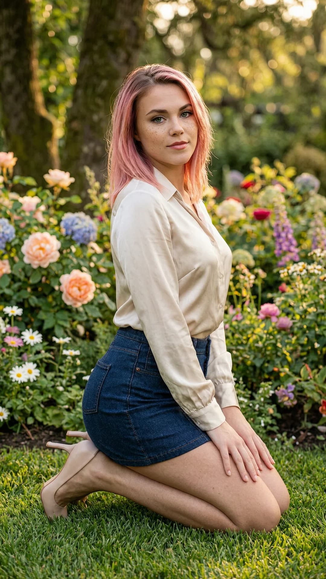 A 22-year-old Caucasian woman with pink hair styled in bangs, striking green eyes, fit athletic body, and delicate freckles across her cheeks, wearing a fashionable short mini skirt paired with a fitted elegant blouse and delicate heels, kneeling gracefully in an elegant pose amid a lush beautiful garden filled with blooming colorful flowers and soft green foliage, captured from a medium close-up three-quarter angle slightly above, soft golden hour lighting filtering through the trees creating gentle shadows and highlights on her skin, body positioned with knees together and back arched elegantly, hands resting lightly on her thighs, intense direct eye contact with the viewer conveying serene elegance and quiet confidence, lips softly parted, flawless anatomy, no extra digits, no extra limbs, realistic skin texture, high-detail.