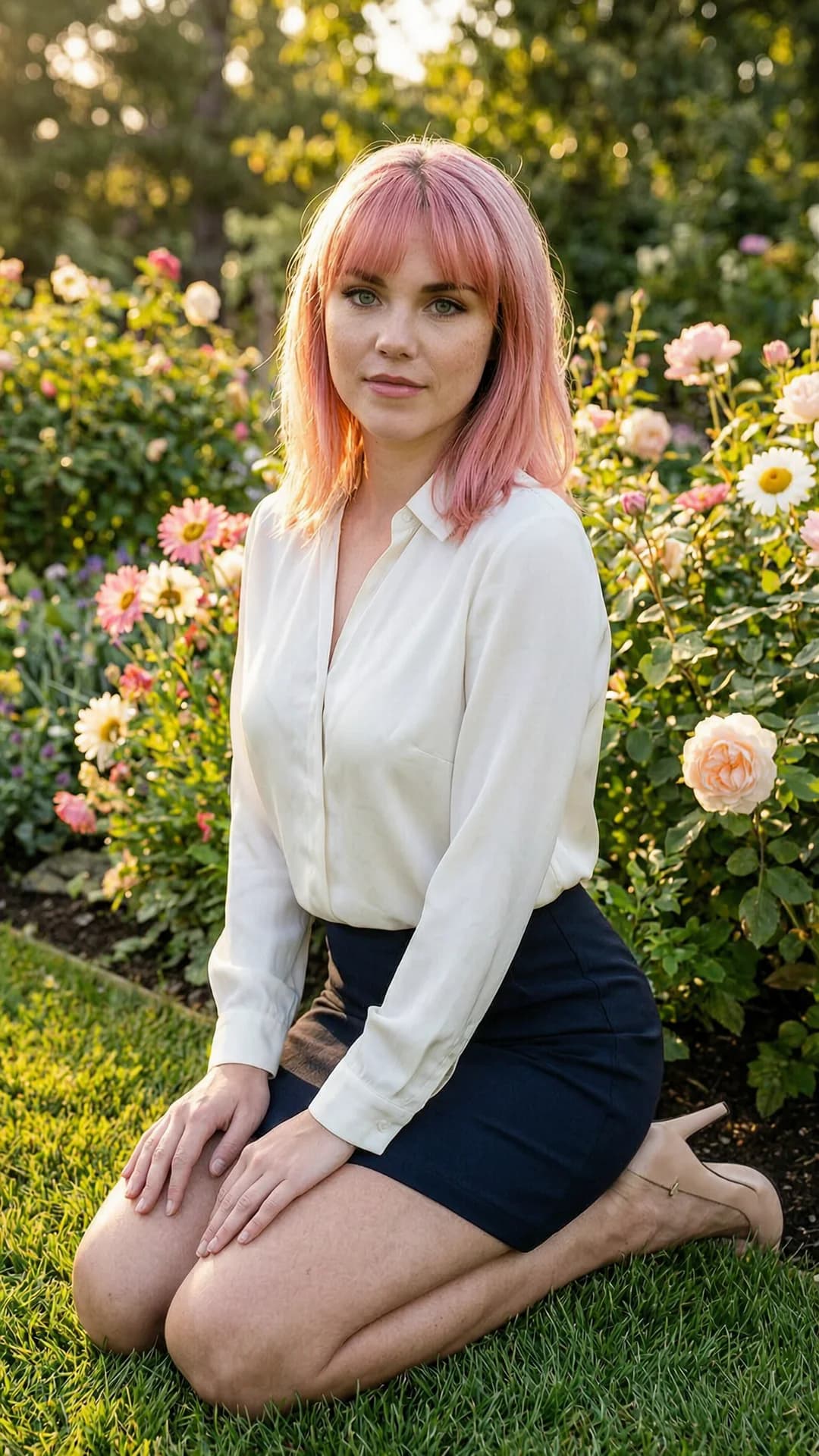A 22-year-old Caucasian woman with pink hair styled in bangs, striking green eyes, fit athletic body, and delicate freckles across her cheeks, wearing a fashionable short mini skirt paired with a fitted elegant blouse and delicate heels, kneeling gracefully in an elegant pose amid a lush beautiful garden filled with blooming colorful flowers and soft green foliage, captured from a medium close-up three-quarter angle slightly above, soft golden hour lighting filtering through the trees creating gentle shadows and highlights on her skin, body positioned with knees together and back arched elegantly, hands resting lightly on her thighs, intense direct eye contact with the viewer conveying serene elegance and quiet confidence, lips softly parted, flawless anatomy, no extra digits, no extra limbs, realistic skin texture, high-detail.