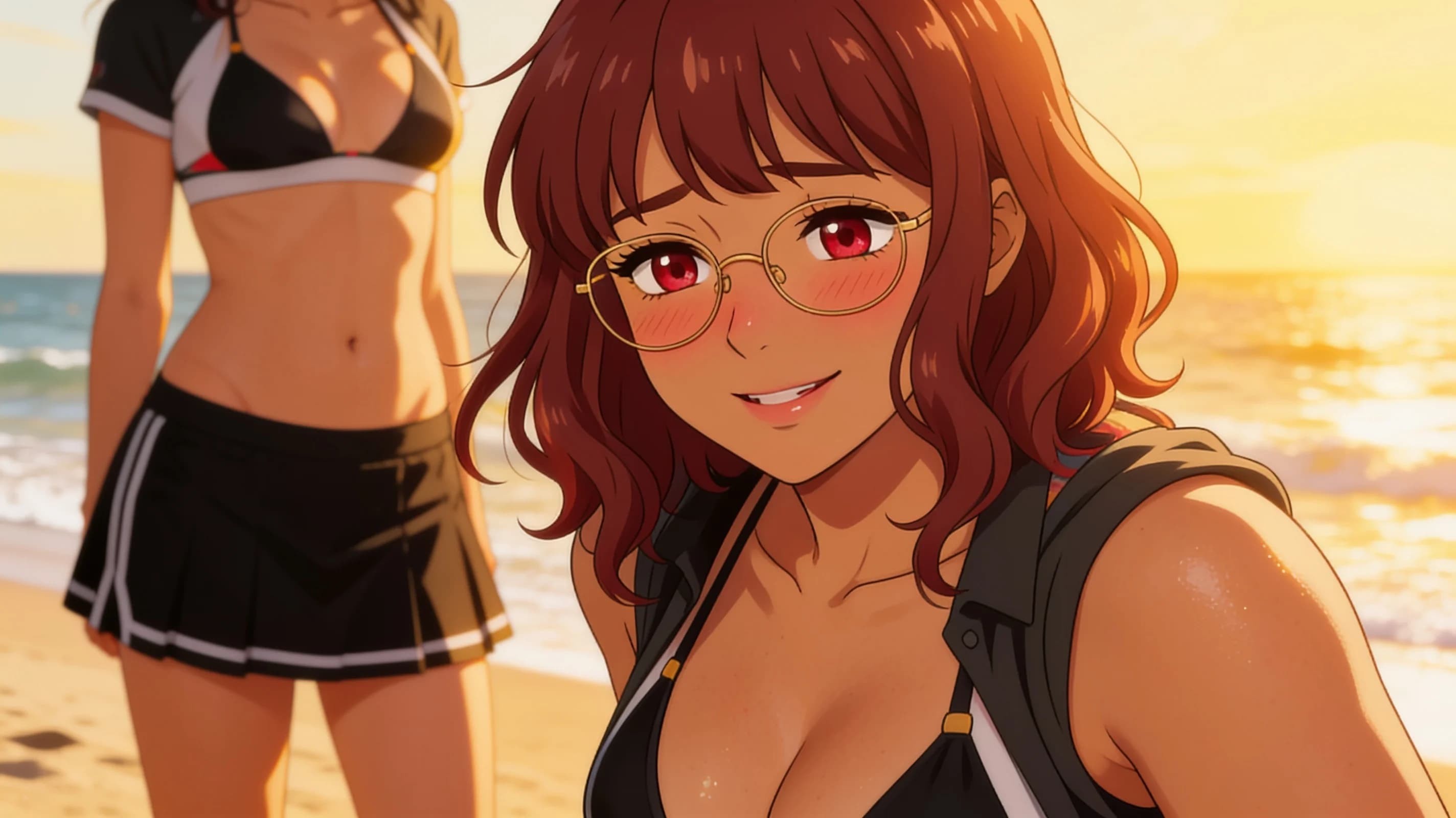 A 35-year-old Arabic woman with redhead hair in bangs, red eyes, wearing glasses and an average body type, standing on a sunny beach in a stylish bikini, short black tennis skirt and crop top shirt layered over it, portrait composition with direct eye contact and a warm smile, lips gently parted, vibrant golden hour lighting casting soft highlights on her skin with natural sheen and subtle blush marks, relaxed pose with shoulders slightly angled toward viewer, medium close-up from front angle, anime style, high-quality illustration. Flawless anatomy, no extra digits, no extra limbs, detailed anime shading, high-quality illustration.