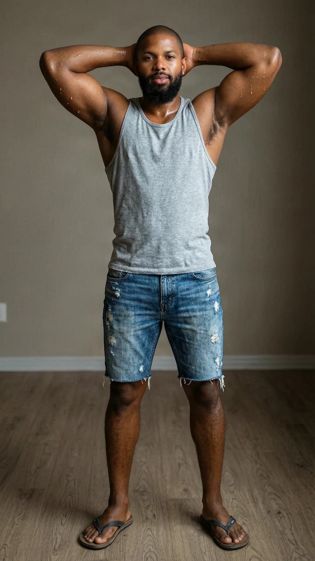 A 28-year-old black man with brown eyes, wide muscular build, bald head, and a full beard, standing indoors in a full body frontal view from eye level angle, wearing a grey tank top, torn jean shorts, and flip flops, arms raised behind his head with chest forward and legs slightly apart, sweaty skin glistening with visible sheen and droplets on his broad shoulders and arms, direct eye contact with a confident relaxed expression and lips slightly parted, soft natural indoor lighting casting subtle shadows across his body, realistic style, Flawless anatomy, no extra digits, no extra limbs, realistic skin texture, high-detail.
