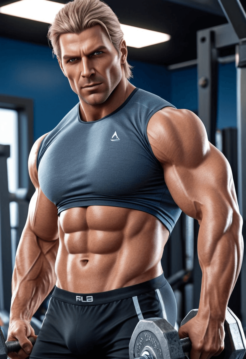 wearing athletic shorts and compression shirt, sporty attire, mid-workout pose flexing muscles, showing athletic physique, lifting weights at the gym, showing muscular strength