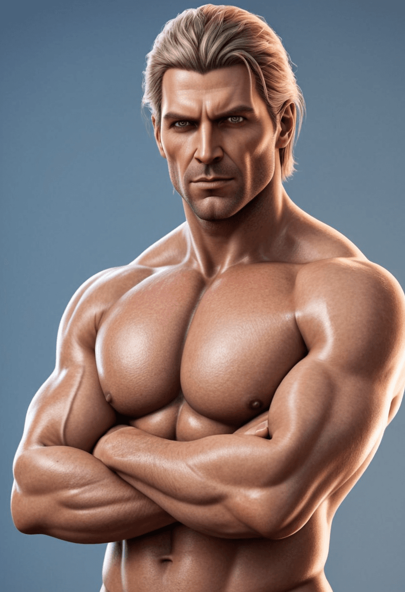 standing with arms crossed over chest, wearing nothing but a stern and authoritative pose. 