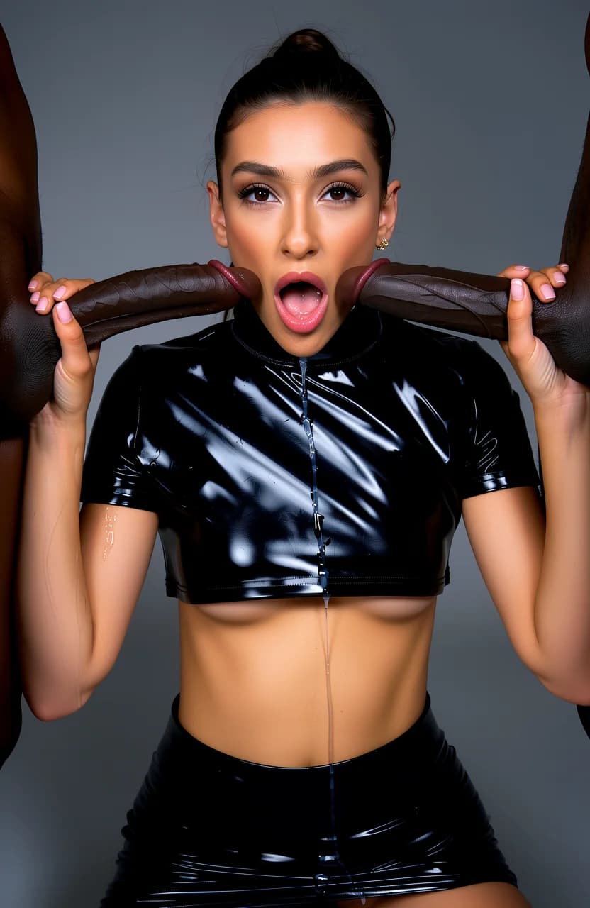 A 21-year-old Arabic woman with a skinny body, brunette hair tied in a tight bun, and brown eyes kneels fully clothed in a sleek shiny black latex skirt and matching cropped latex top, deep throating two massive veiny black cocks simultaneously with one thick shaft stretching her throat while the second rests heavily against her lips and balls, explicit saliva strings dripping down her chin and onto the glossy skirt, intense upward eye contact with raw lustful submission and flushed cheeks, mouth stretched wide around the girth, throat visibly bulging, hands gripping the thick shafts, low-angle close-up POV looking down at her kneeling form in a dimly lit bedroom with soft rim lighting highlighting skin sheen and latex reflections, body tension in her slim frame, explicit anatomical detail of glistening cocks and stretched lips, nsfw, Flawless anatomy, no extra digits, no extra limbs, realistic skin texture, high-detail.