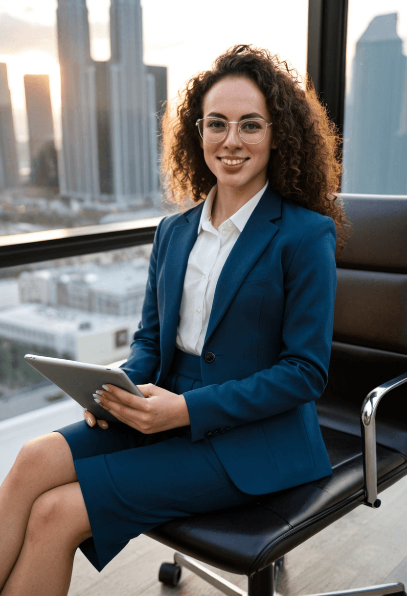 Confident businesswoman in tailored navy blue power suit, sitting at executive desk in modern corner office, city skyline view through floor-to-ceiling windows, professional headshot style, warm smile, holding tablet, sophisticated makeup and styled hair, wearing an elegant knee-length skirt