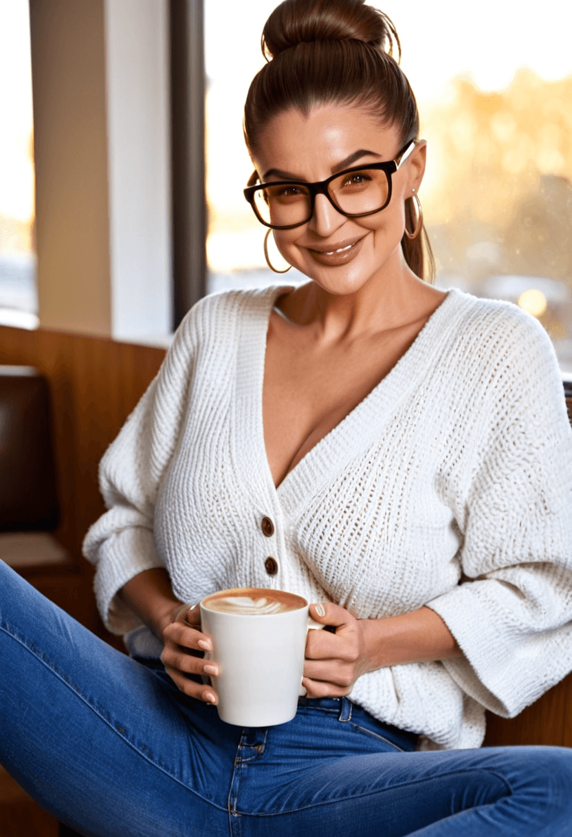 31-year-old caucasian woman, fit body, large butt, relaxed pose sitting in trendy coffee shop, wearing fitted jeans and cozy oversized sweater, holding latte and book, genuine laughing expression, natural sunlight through large windows, warm autumn colors, casual lifestyle photography, comfortable approachable vibe, belly piercings visible under sweater, wearing glasses, realistic style, full body view, highly detailed, photorealistic, cyberrealistic sdxl, wearing a luxurious satin robe, stretching gracefully, wearing stylish glasses, in a cozy bedroom setting
