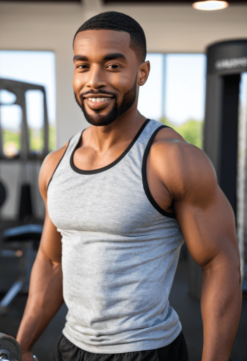 28-year-old black man, strong fit body, beard, focused expression during lift, warm smile, doing dumbbell exercises at gym, wearing athletic tank top and shorts, visible muscle strain, mid-workout intensity, determination and strength, gym equipment in background, motivational fitness photography, realistic style, full body view, highly detailed, photorealistic, cyberrealistic
