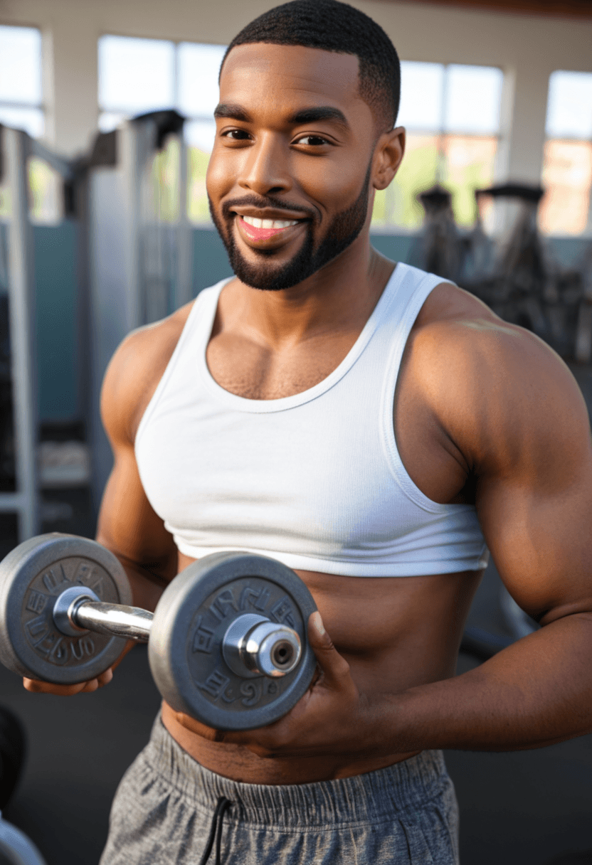 28-year-old black man, strong fit body, beard, focused expression during lift, warm smile, doing dumbbell exercises at gym, wearing athletic tank top and shorts, visible muscle strain, mid-workout intensity, determination and strength, gym equipment in background, motivational fitness photography, realistic style, full body view, highly detailed, photorealistic, cyberrealistic