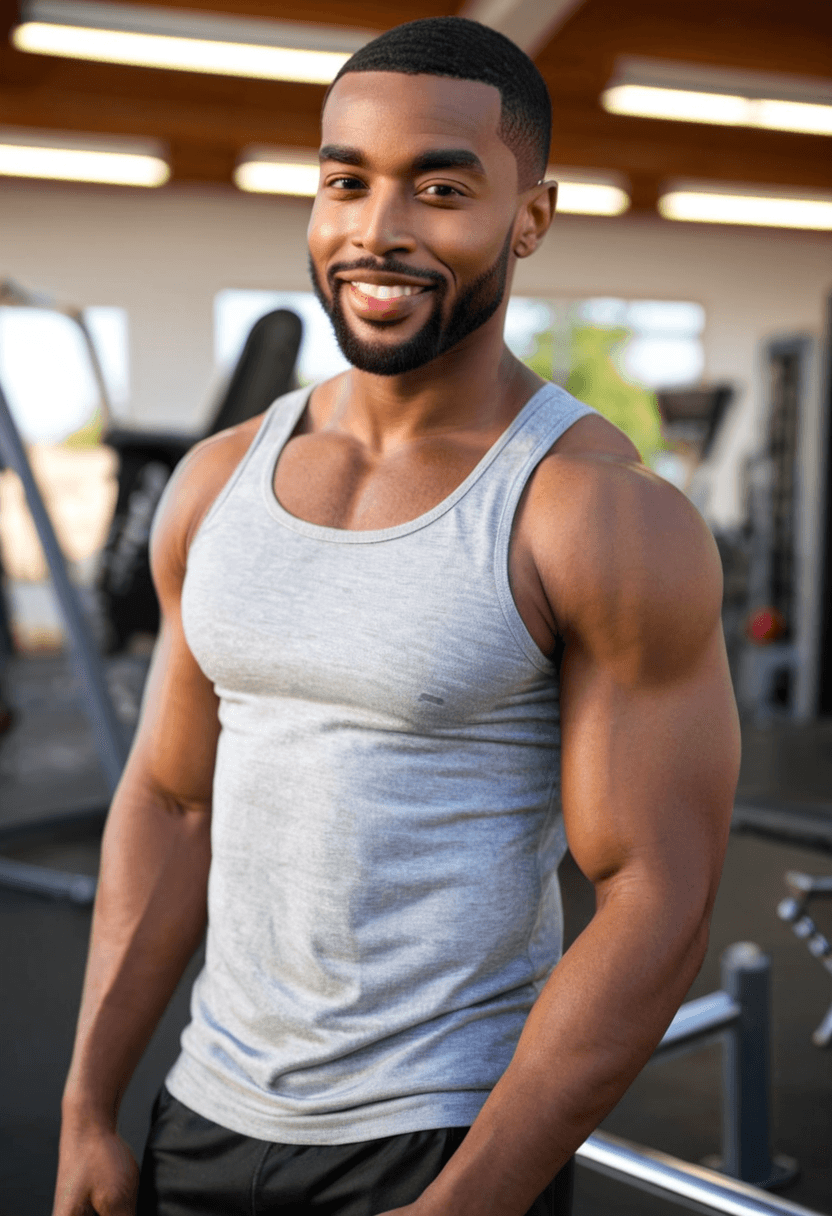 28-year-old black man, strong fit body, beard, focused expression during lift, warm smile, doing dumbbell exercises at gym, wearing athletic tank top and shorts, visible muscle strain, mid-workout intensity, determination and strength, gym equipment in background, motivational fitness photography, realistic style, full body view, highly detailed, photorealistic, cyberrealistic