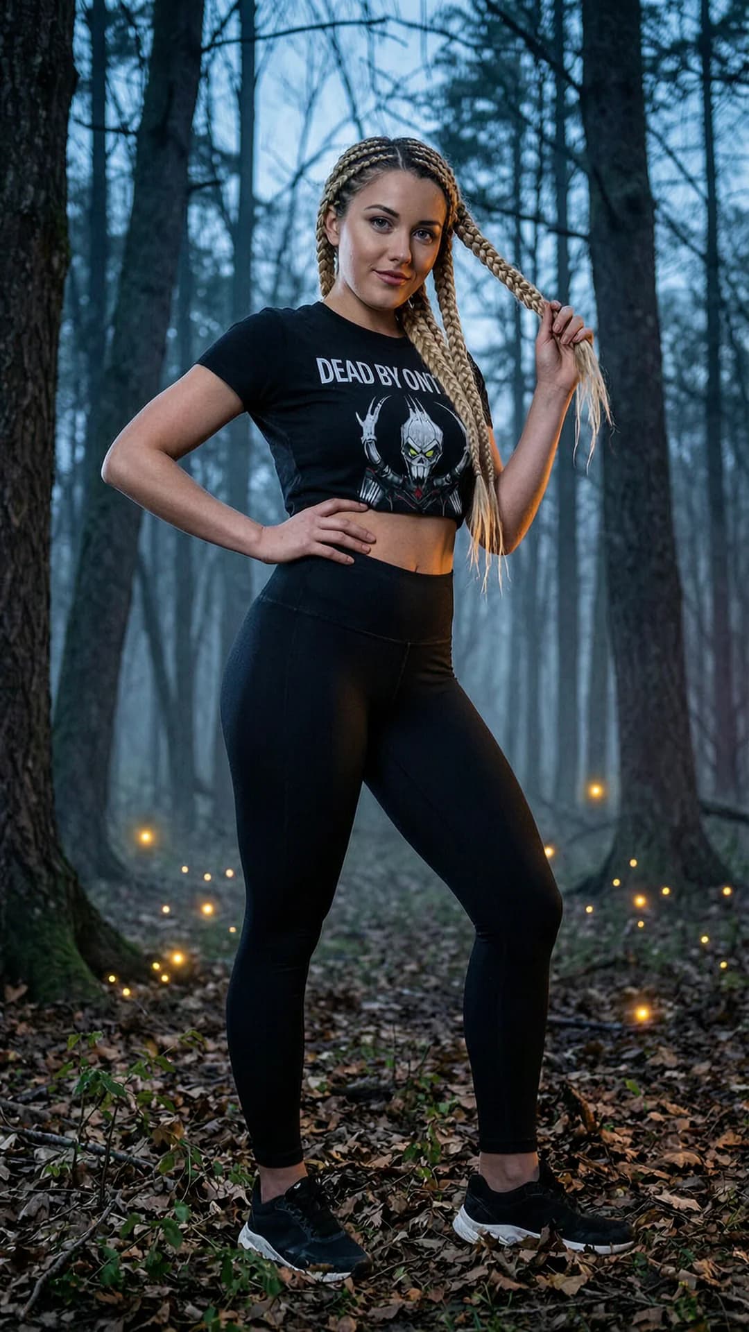 21-year-old Caucasian woman with long blonde braids, piercing blue eyes, and a fit toned athletic build, wearing skin-tight black leggings that accentuate her legs and hips paired with a cropped Dead by Daylight themed t-shirt exposing her midriff, standing confidently in a dimly lit abandoned forest clearing at dusk with one hand on her hip and the other adjusting her braid, body angled slightly toward the viewer in a three-quarter medium full-body shot from a low eye-level camera angle, intense direct eye contact with the viewer showing a determined seductive smirk and parted lips, dramatic volumetric lighting with cool blue moonlight highlights and warm orange firefly glows casting soft shadows across her skin and fabric textures, realistic style, flawless anatomy, no extra digits, no extra limbs, realistic skin texture, high-detail.