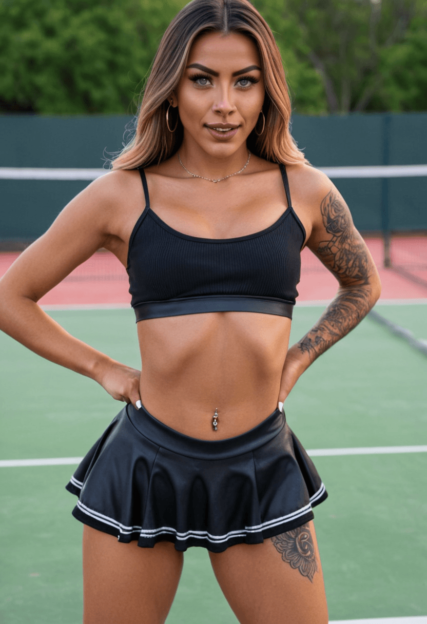20-year-old latina woman, fit body type, large breasts, large butt, realistic style, wearing short black tennis skirt and crop top shirt, flowing mini skirt, lots of artistic tattoos, belly piercings, full body view, squatting position, athletic pose, portrait picture, looking at the viewer with a smile, highly detailed skin, cyberrealistic, photorealistic, sharp focus