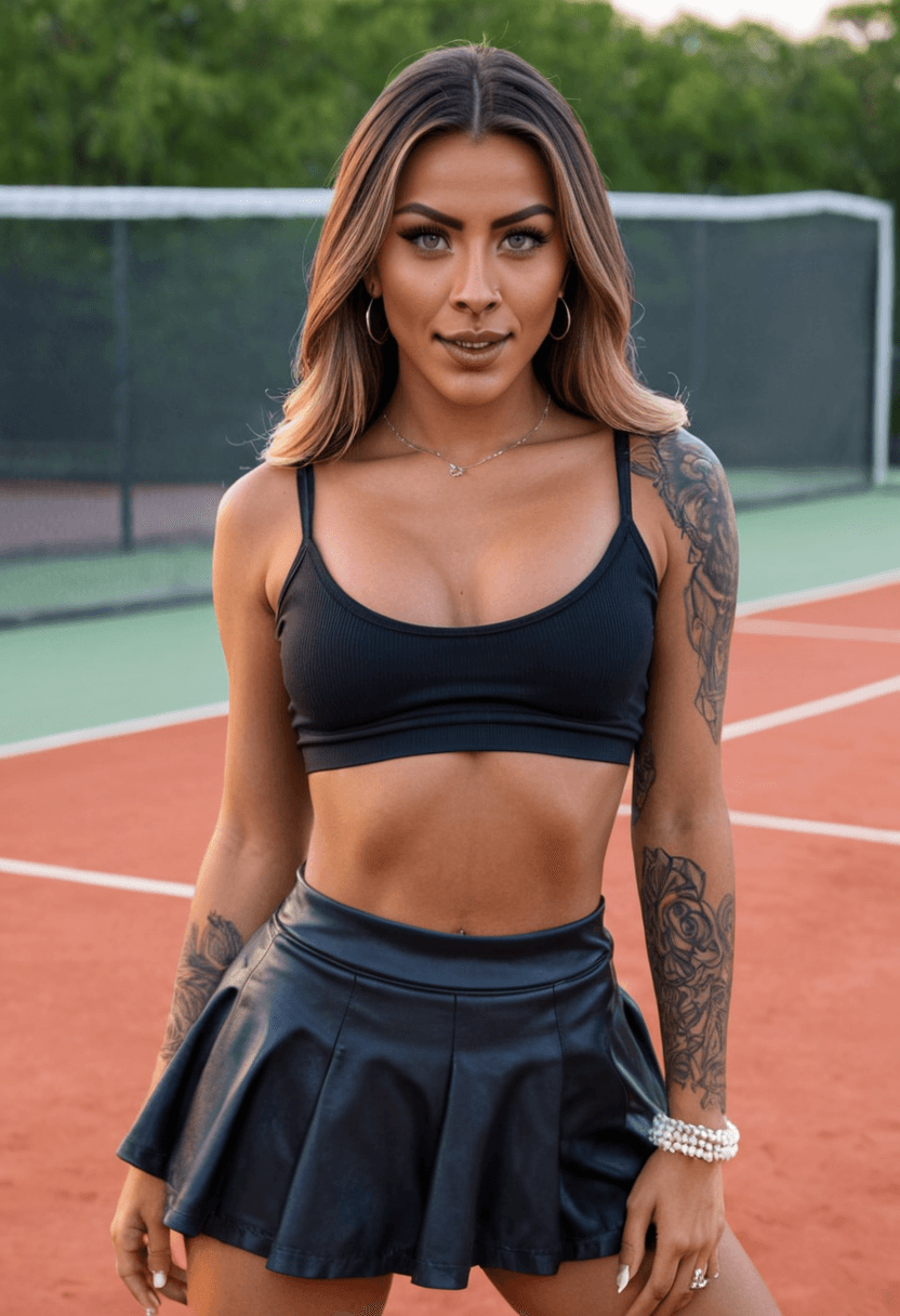 20-year-old latina woman, fit body type, large breasts, large butt, realistic style, wearing short black tennis skirt and crop top shirt, flowing mini skirt, lots of artistic tattoos, belly piercings, full body view, squatting position, athletic pose, portrait picture, looking at the viewer with a smile, highly detailed skin, cyberrealistic, photorealistic, sharp focus