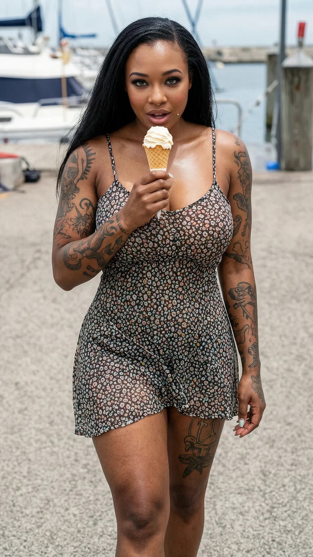 A 24-year-old black woman with long black hair, green eyes, muscular body, very large silicone breasts pushing upwards, skin glistening with coconut oil, covered in tattoos and nipple piercings, wearing a tight half sheer flowy summer dress with no underwear, walking in a guest harbour eating ice cream, captured in a low-angle medium shot from the front POV emphasizing her body, direct intense eye contact with seductive lust and lips parted, muscular tension in her thighs and abs as she strides, breasts bouncing with realistic physics, sheer fabric clinging to her curves and revealing nipple piercings, nsfw, flawless anatomy, no extra digits, no extra limbs, realistic skin texture, high-detail.