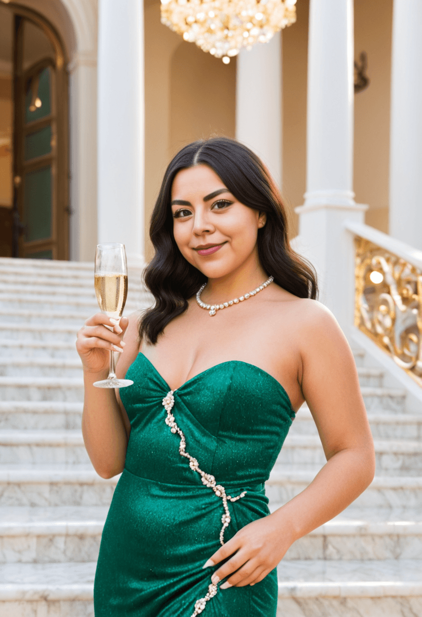 Sophisticated woman in flowing emerald evening gown, standing on marble staircase at luxury venue, chandelier lighting creating glamorous atmosphere, pearl jewelry, elegant updo hairstyle, holding champagne glass, fashion photography style, confident posture