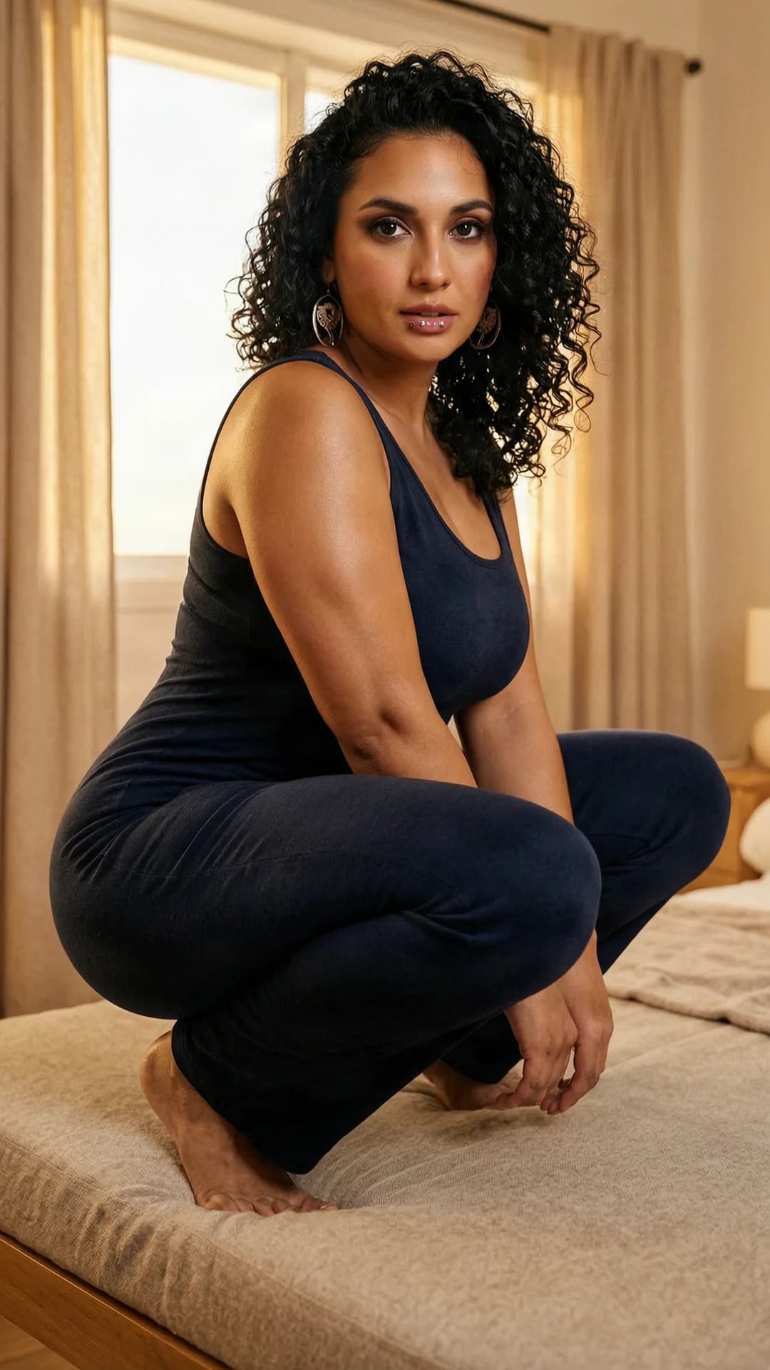24-year-old Latina woman with chubby body type, curly black hair, brown eyes, wearing beautiful earrings, squatting in an athletic pose on a beach lounger inside a cozy bedroom setting with soft warm window lighting, wearing a stylish fitted jumpsuit that clings tightly to her curves and reveals the outline of nipple piercings and belly piercings, direct intense eye contact with confident seductive expression and lips parted, medium close-up from a slightly low front angle emphasizing body tension and skin sheen, Flawless anatomy, no extra digits, no extra limbs, realistic skin texture, high-detail.