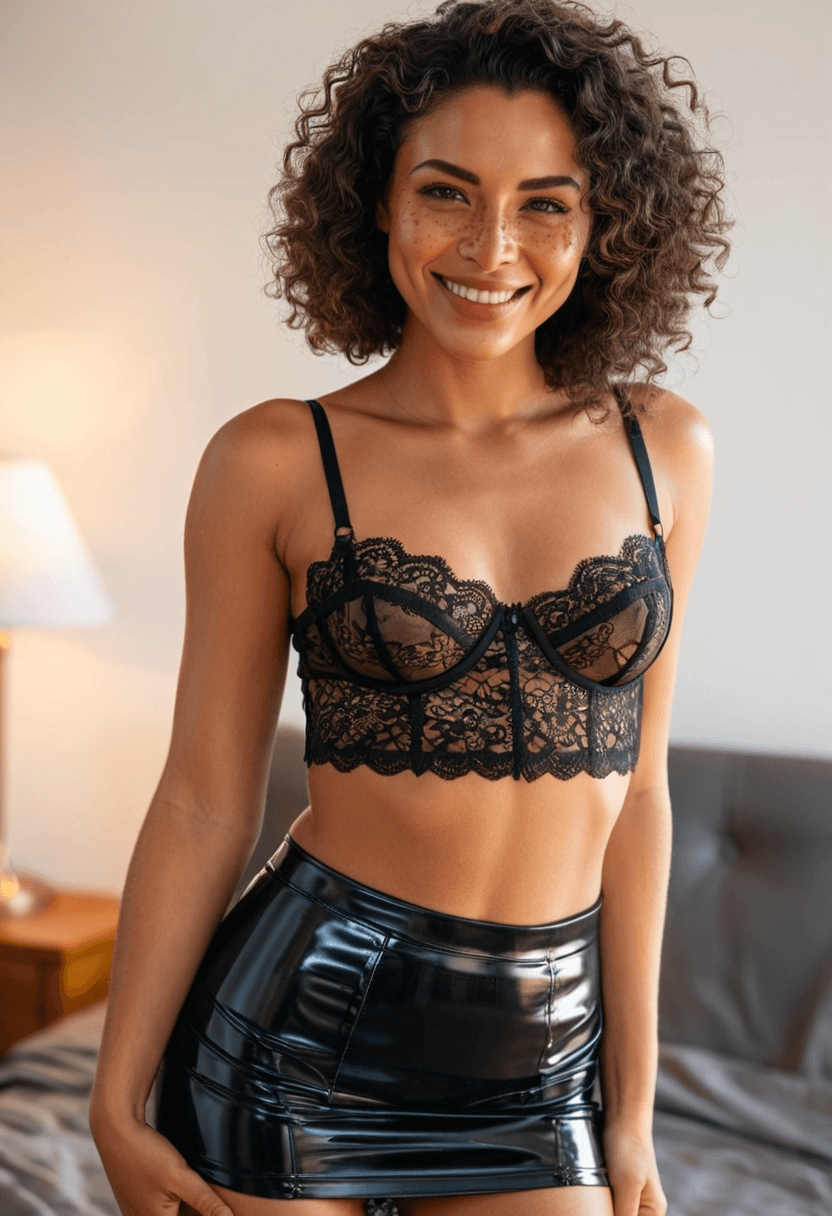 Wearing a short black lingerie skirt and a lace lingerie top, portrait picture, looking at the viewer with a smile, wearing a sleek latex skirt