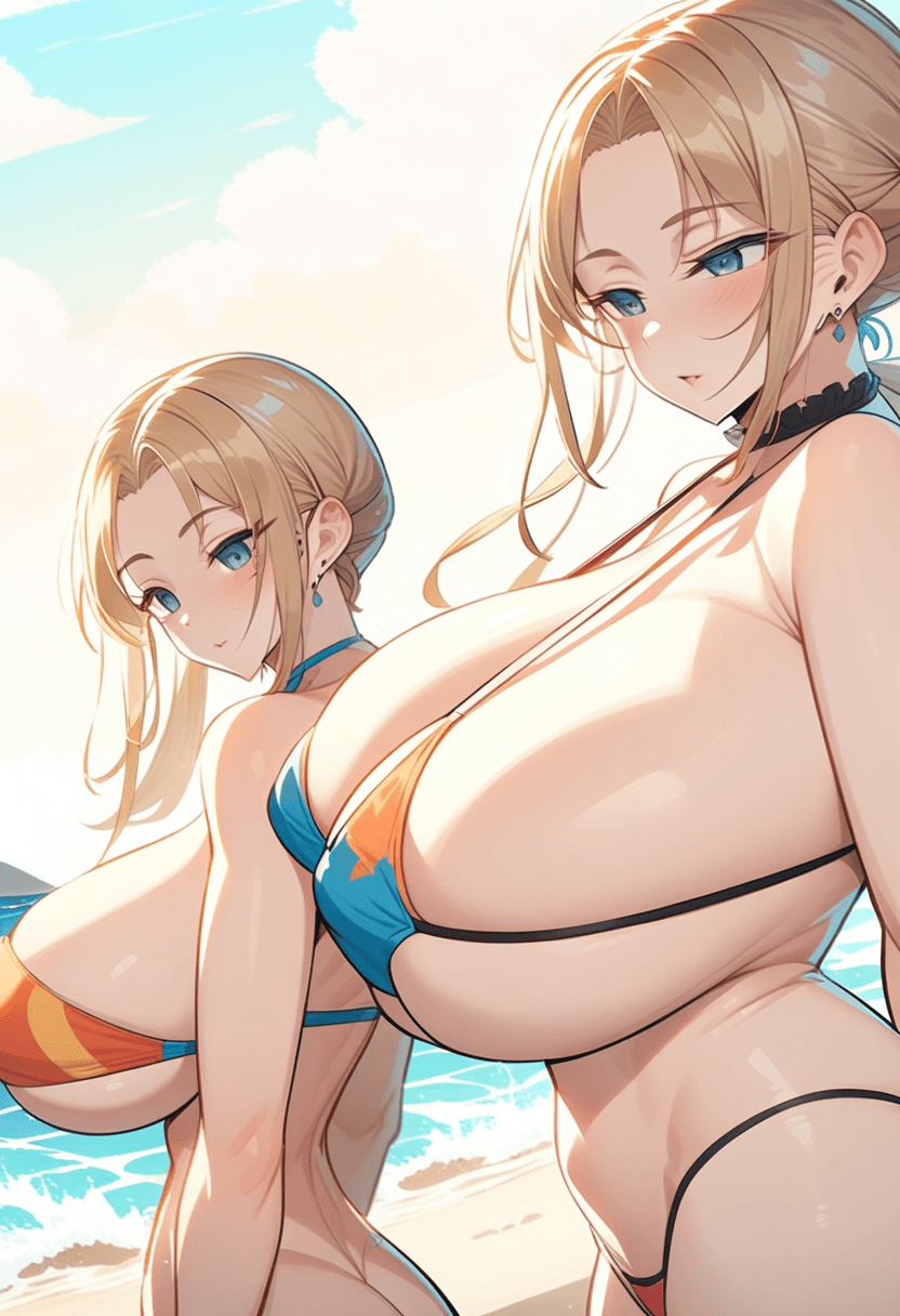 22-year-old caucasian woman, skinny body type, gigantic breasts, large butt, anime style, full body view, wearing stylish bikini, on the beach, sunny day, ocean waves in background, detailed face, vibrant colors, high quality, intricate details, dynamic pose, nsfw, standing confidently, full body shot