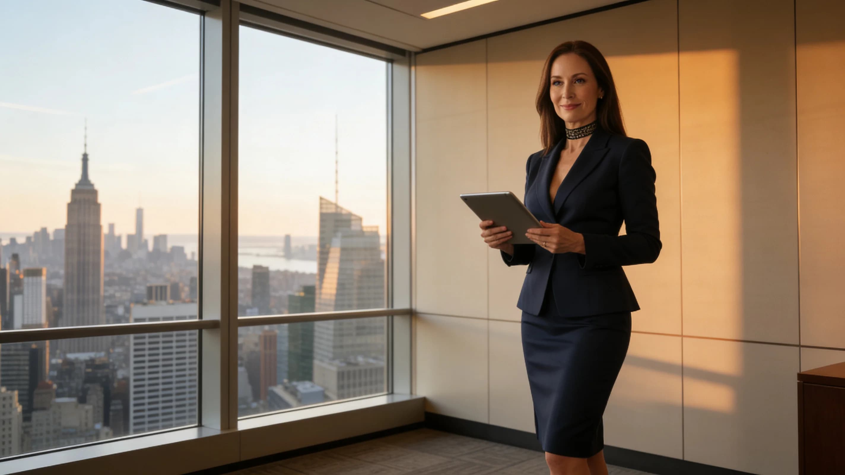 A 55-year-old Caucasian woman with straight brunette hair, brown eyes, and a fit body type, wearing a tailored navy blue power suit with an elegant knee-length skirt and a fashionable choker, standing confidently in a modern corner office with city skyline visible through floor-to-ceiling windows, full body shot from a straight-on eye-level angle, holding a tablet in one hand with sophisticated makeup and styled straight hair, warm confident smile and intense direct eye contact with professional poise, warm ambient lighting, sophisticated mood, Flawless anatomy, no extra digits, no extra limbs, realistic skin texture, high-detail.