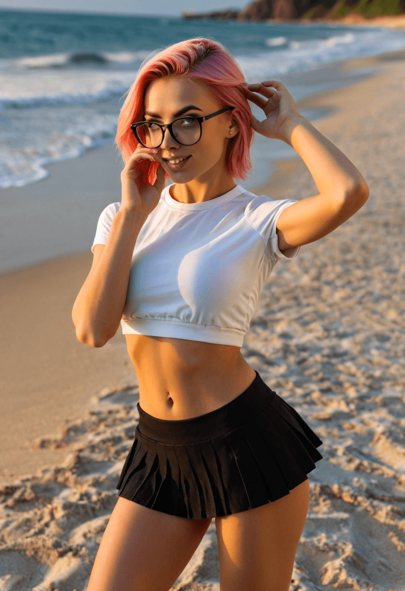 Wearing short black tennis skirt and a crop top shirt, portrait picture, looking at the viewer with a smile, wearing a stylish bikini on the beach