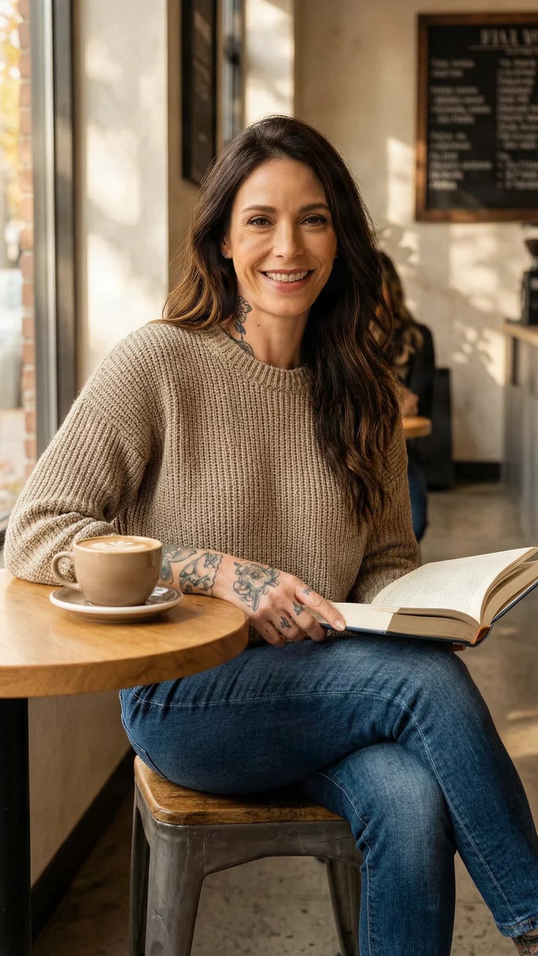 A 46-year-old Caucasian woman with a fit body, long brunette hair, brown eyes, belly piercings, nipple piercings and visible tattoos, sitting relaxed in a trendy coffee shop wearing fitted jeans and a cozy oversized sweater, holding an open book in one hand with a latte on the table beside her, natural sunlight streaming through large windows casting warm autumn colors across the scene, genuine laughing expression with direct eye contact toward the viewer conveying warmth and approachability, comfortable posture leaning slightly forward, medium close-up from a three-quarter front angle, casual lifestyle photography, cinematic lighting, flawless anatomy, no extra digits, no extra limbs, realistic skin texture, high-detail.