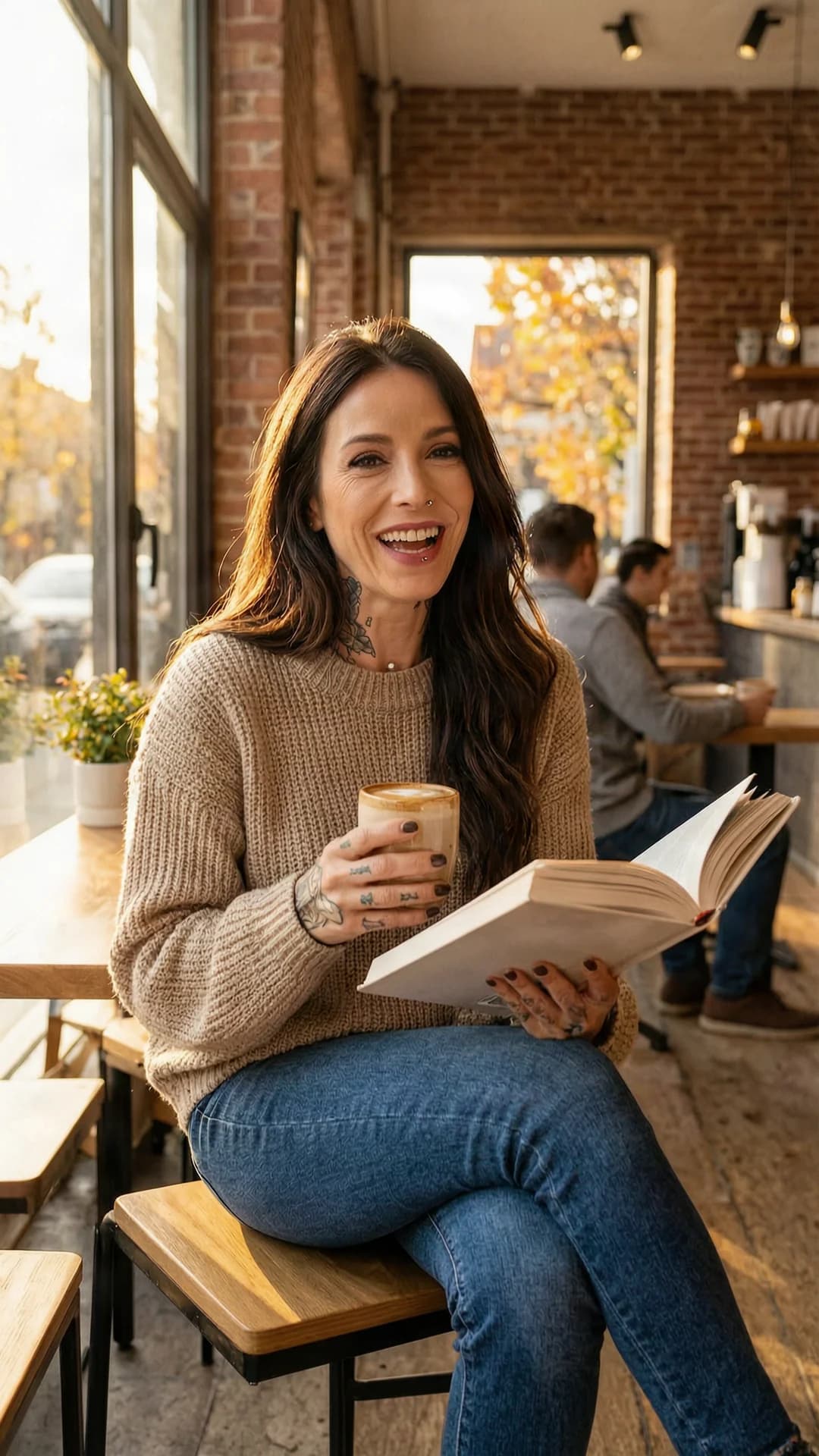 46-year-old Caucasian woman with fit body type, long brunette hair, brown eyes, belly piercings, nipple piercings and tattoos, wearing fitted jeans and a cozy oversized sweater, sitting relaxed in a trendy coffee shop while holding an open book in one hand and a latte in the other, natural sunlight streaming through large windows casting warm autumn light across the scene, genuine laughing expression with direct eye contact and joyful warmth, lips parted in laughter, comfortable approachable vibe, medium close-up from a slight three-quarter angle, casual lifestyle photography style, warm autumn colors, body relaxed with natural posture and soft sweater draping over her frame, Flawless anatomy, no extra digits, no extra limbs, realistic skin texture, high-detail.