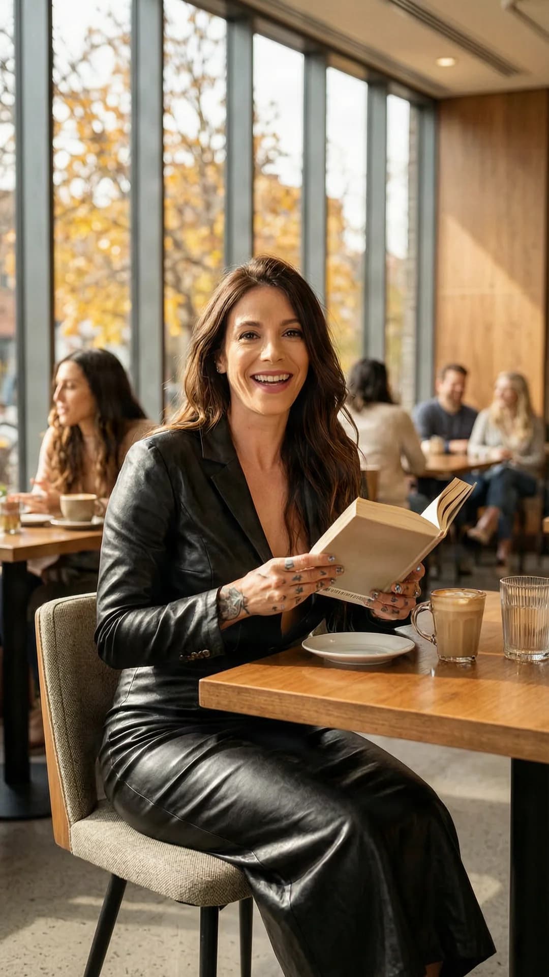 46-year-old Caucasian woman with fit body type, long brunette hair, brown eyes, belly piercings, nipple piercings and tattoos, wearing a stylish fitted jumpsuit with a sleek latex skirt accent, dining at an elegant restaurant in a modern office setting while holding an open book in one hand and a latte in the other, seated relaxed at a polished table with natural sunlight streaming through large windows casting warm autumn light across the scene, genuine laughing expression with direct eye contact and joyful warmth, lips parted in laughter, comfortable approachable vibe, medium close-up from a slight three-quarter angle, casual lifestyle photography style, warm autumn colors, body relaxed with natural posture and soft fabric draping over her frame, Flawless anatomy, no extra digits, no extra limbs, realistic skin texture, high-detail.