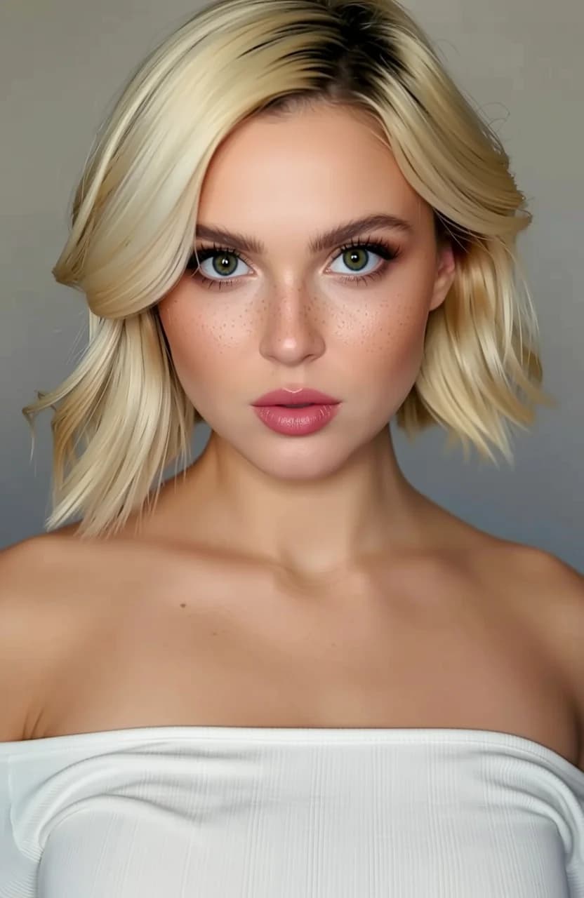 Petite blonde with green eyes and freckles. Small boobs. Wearing loose-fitting, revealing clothes