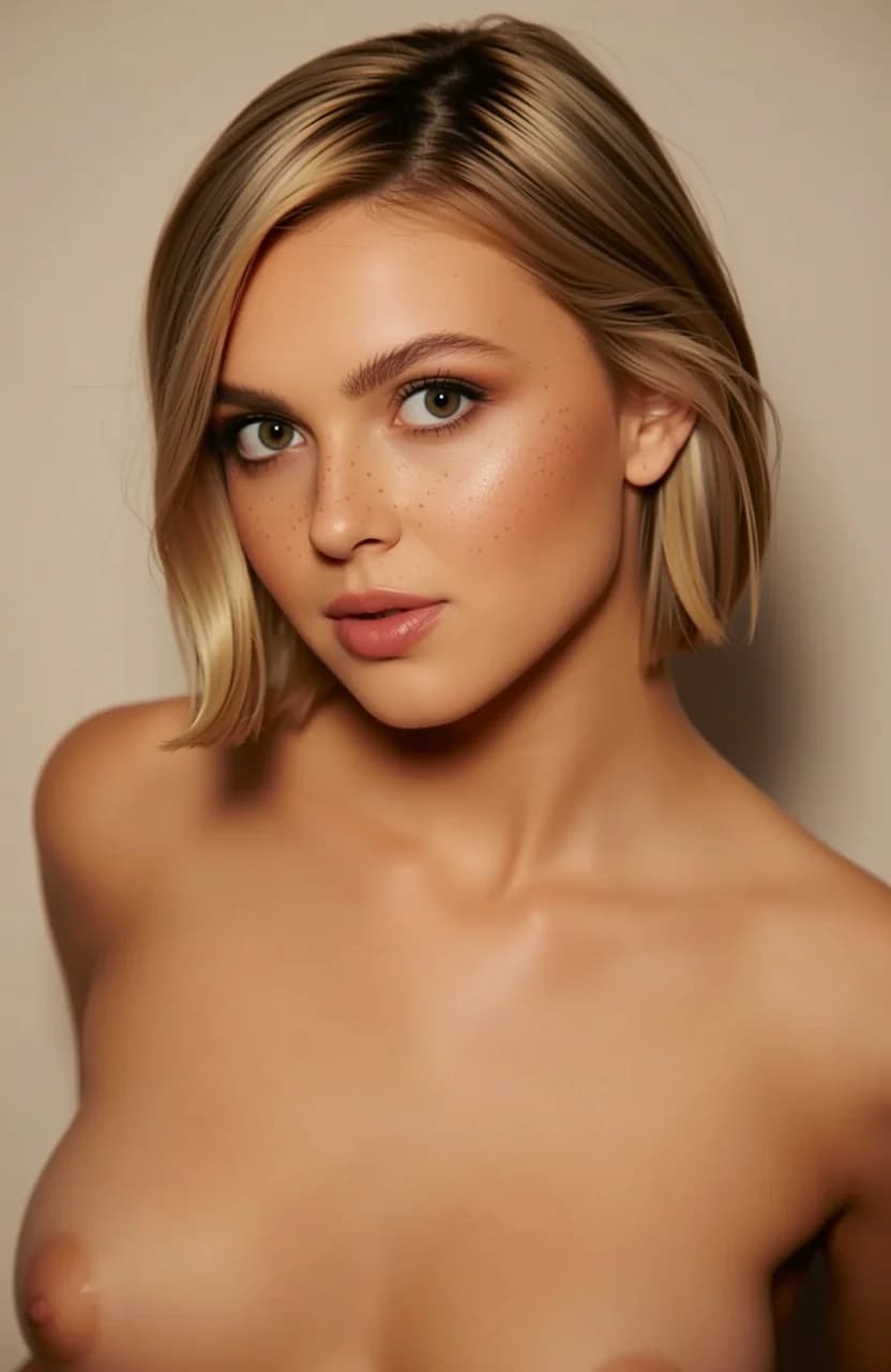 Petite blonde with green eyes and freckles. A-cup boobs topless, stretching gracefully