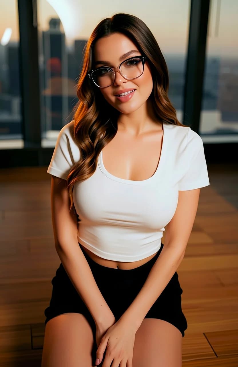 24-year-old Caucasian woman with fit body type, long voluminous wavy brunette hair, brown eyes, playful expression with a warm smile and direct eye contact to the viewer, kneeling elegantly on the polished hardwood floor of a luxurious modern office with floor-to-ceiling windows overlooking a city skyline at dusk, ambient golden hour lighting casting soft dramatic shadows and warm highlights on her skin, wearing a tight white crop top shirt that hugs her toned midriff exposing underboob curve and navel, ultra-short black tennis skirt riding up her thighs revealing toned legs and subtle muscle tension, stylish thin-rimmed glasses perched on her nose, medium close-up portrait from a low slight side angle POV emphasizing her upward gaze and inviting posture with hands resting lightly on her knees, body physics showing perky medium breasts pressing against the crop top fabric with natural bounce, smooth radiant skin with subtle sheen from office air conditioning, elegant poised kneeling pose with arched back and parted lips enhancing playful seductive mood, realistic style, flawless anatomy, no extra digits, no extra limbs, realistic skin texture, high-detail.