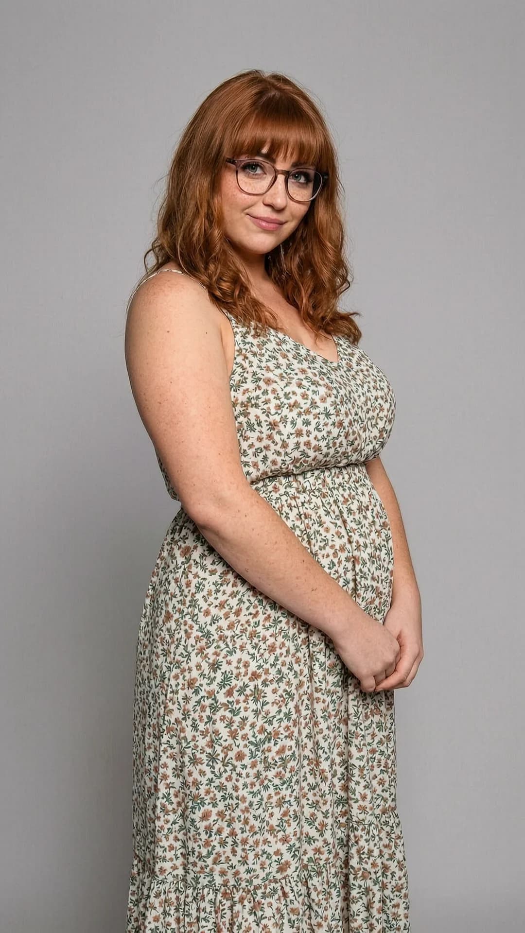 A 27-year-old Caucasian woman with red hair in bangs, green eyes, chubby body type, freckles across her cheeks and nose, and wearing glasses stands in a full-length front view shot at eye level, wearing a light flowy summer dress that gently drapes over her curves, posing with a slight tilt of her hips and hands lightly clasped in front, soft natural daylight illuminating the scene with gentle shadows, looking directly at the camera with a shy smile and bashful eye contact, lips gently curved, realistic style, Flawless anatomy, no extra digits, no extra limbs, realistic skin texture, high-detail.